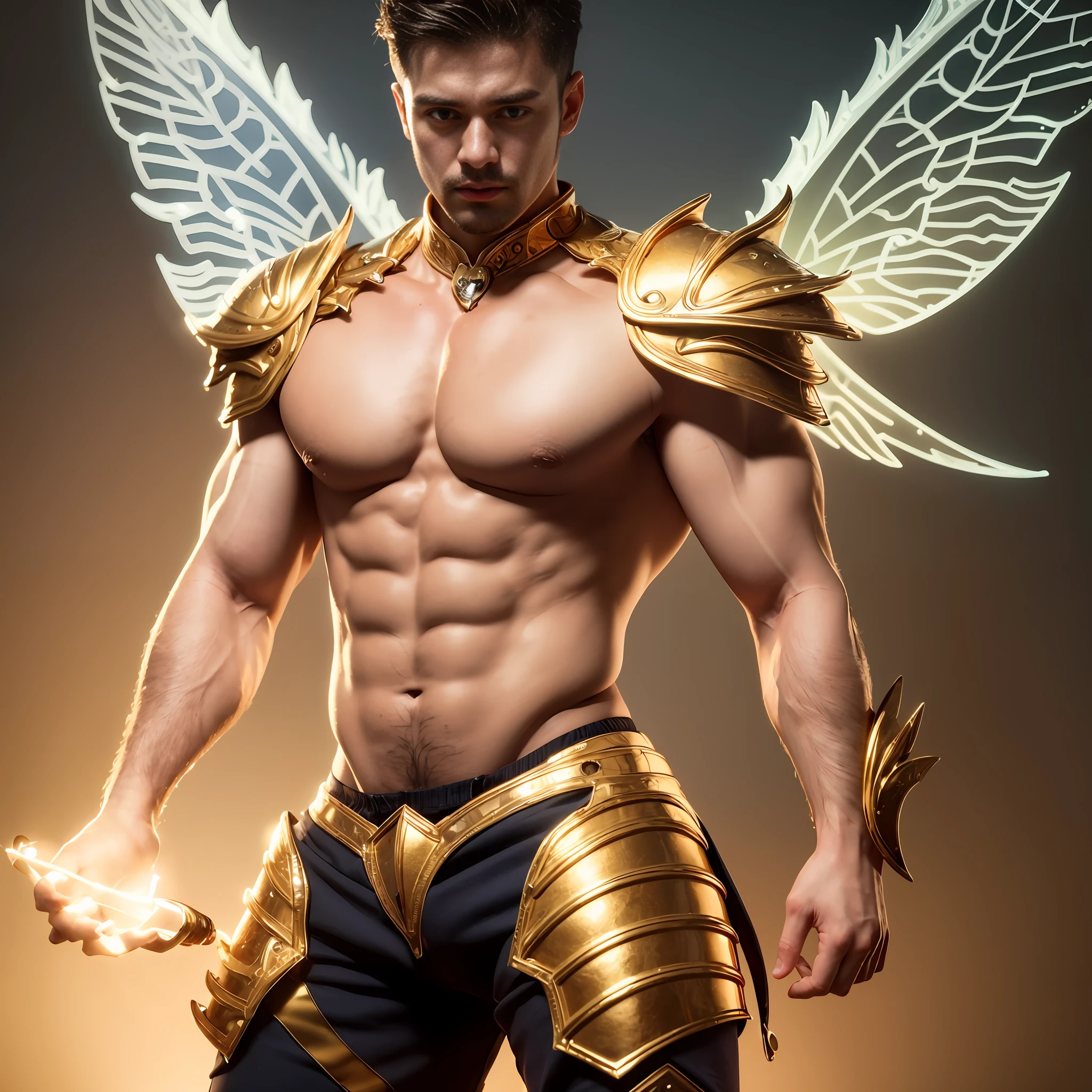 super high resolution, best quality, photo, 4k, (photorealistic: 1.4), cinematic lighting, male fairy with large translucent wings, muscular man, abdominal muscles dressed in medieval golden armor, detailed feathers, male fairy with large translucent wings, muscular man, abdominal muscles dressed in medieval gold armor, detailed feathers, golden environment, portal of the future, 3d light, HD, magic, god of light, backlighting, detailed face, contrasts, smooth skin, soft hands, correct anatomy, five fingers. --auto