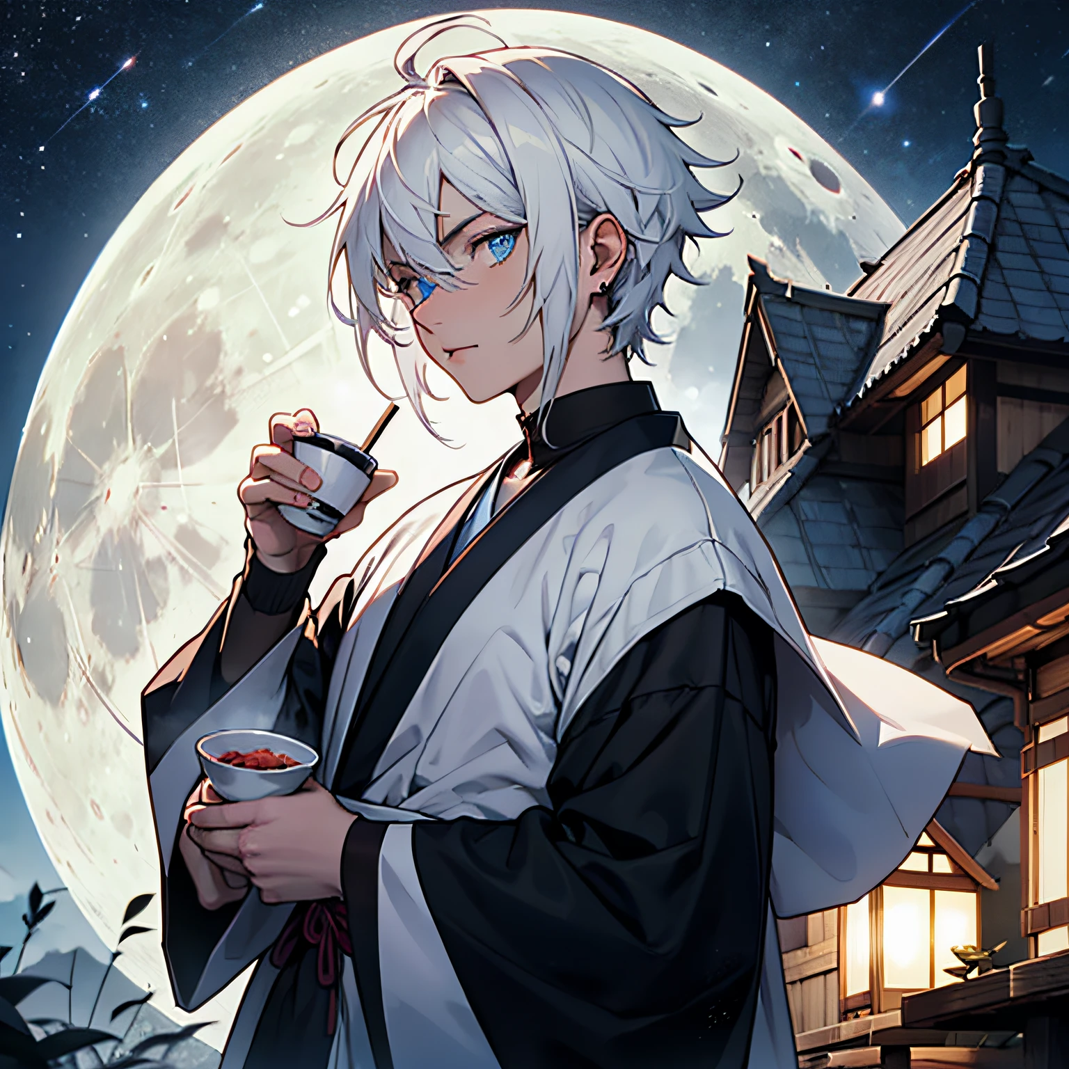 Spiky white hair, sake in hands, blue eyes, on the moon, stars