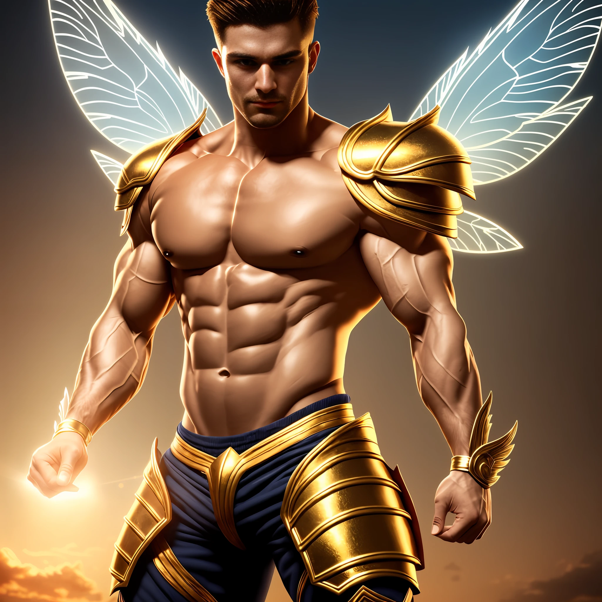 super high resolution, best quality, photo, 4k, (photorealistic: 1.4), cinematic lighting, male fairy with large translucent wings, muscular man, abdominal muscles dressed in medieval golden armor, detailed feathers, male fairy with large translucent wings, muscular man, abdominal muscles dressed in medieval gold armor, detailed feathers, golden environment, portal of the future, 3d light, HD, magic, god of light, backlighting, detailed face, contrasts, smooth skin, soft hands, correct anatomy, five fingers. --auto