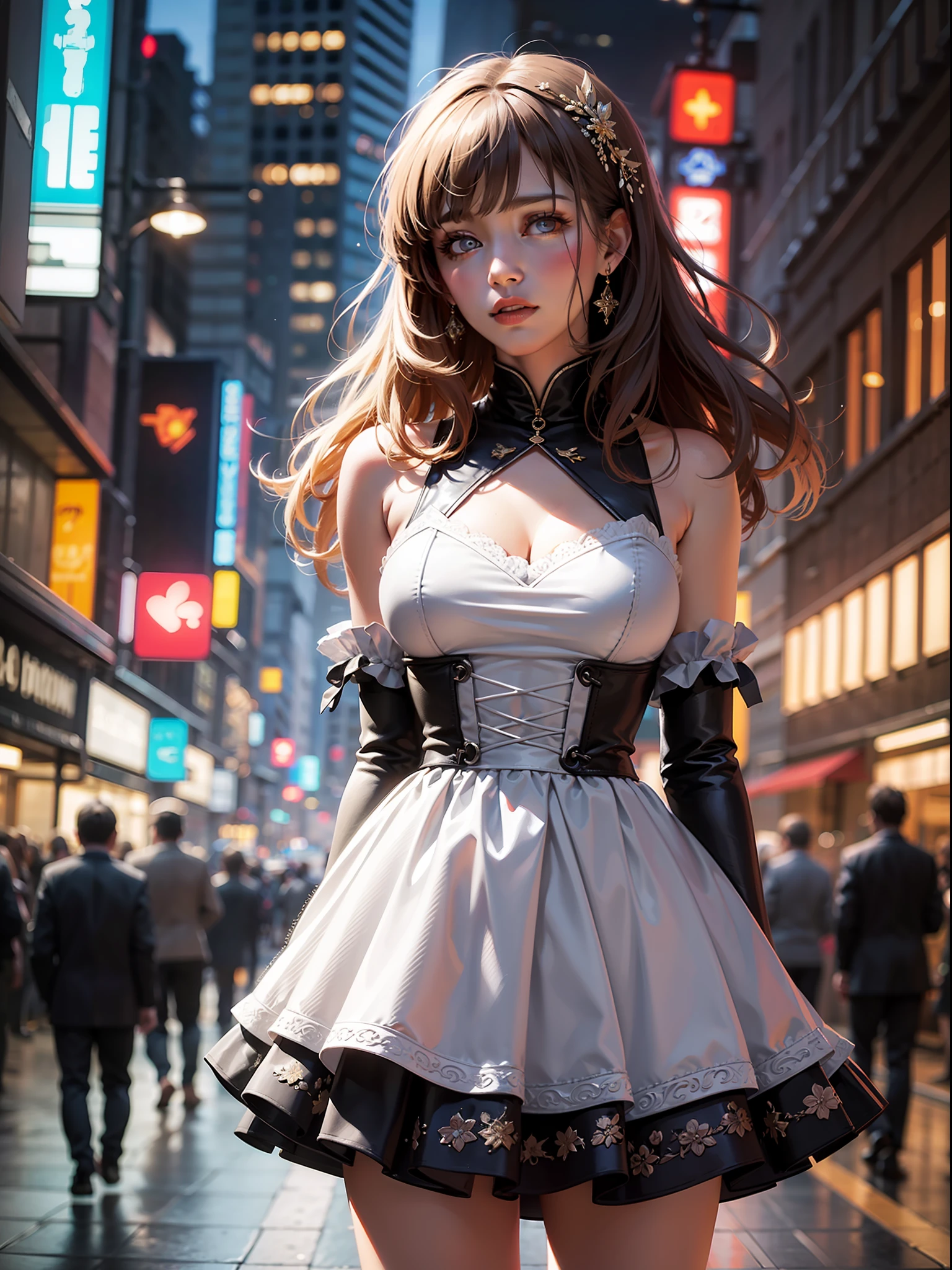 a pretty woman in a neon firegami dress in the streets, hdr pro digital studio portrait, young, front, highly detailed, clear, high quality, hyper-detailed, 4k, ultra smooth, cinematic lighting