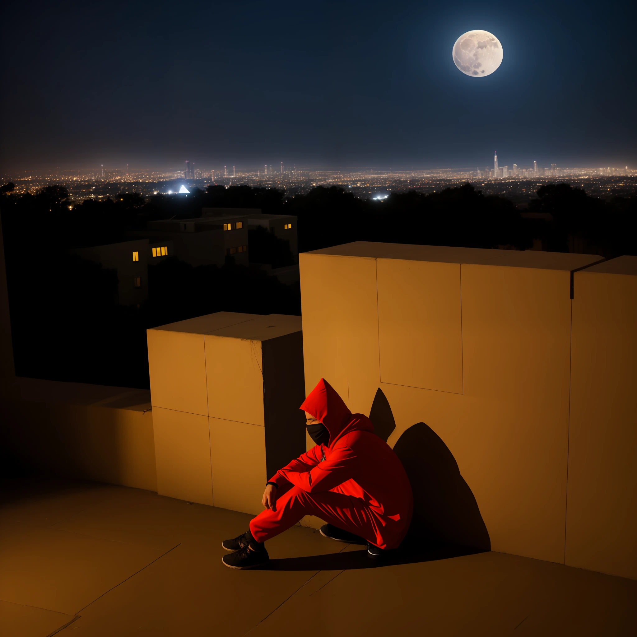 An individual wearing a ninja costume crouched in a building, facing the city on a full moon night, wrapped in an aura.