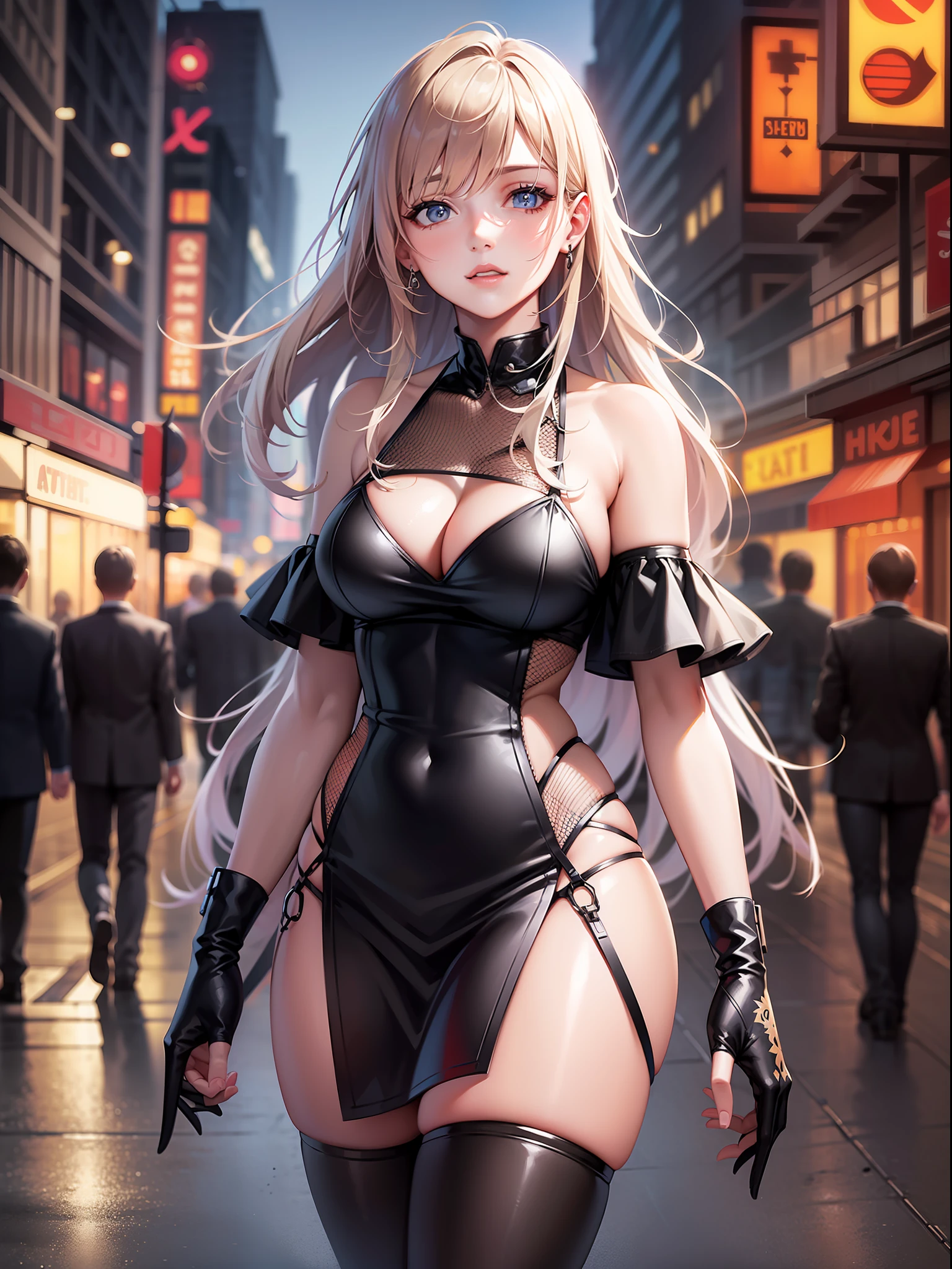 a pretty woman in a neon firegami dress in the streets, hdr pro digital studio portrait, young, front, highly detailed, clear, high quality, hyper-detailed, 4k, ultra smooth, cinematic lighting