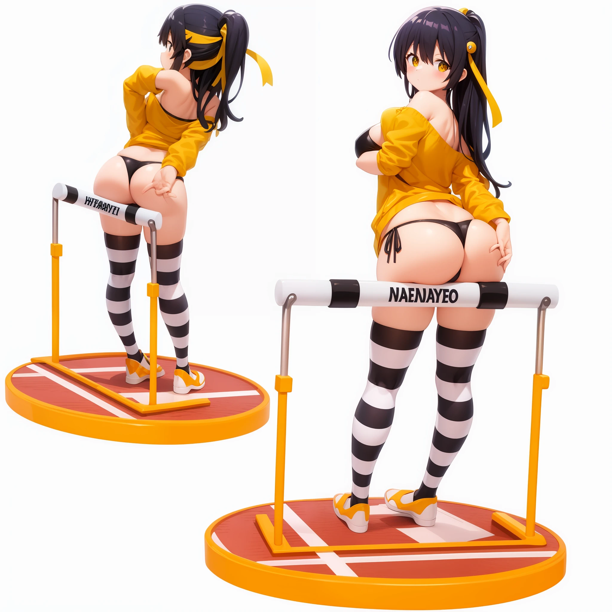 a closeup of two figurines of a woman in a yellow outfit, hanayamata, rin, ecchi, (highly detailed figure), pvc figurine, aoshima chiho, hinata hyuga, anime figurine, nagatoro, anime girl is crouched, by Kentaro Miura, anime figure, beautiful anime girl Squat, Pin-up style, (Haddon Sundblom).com details.