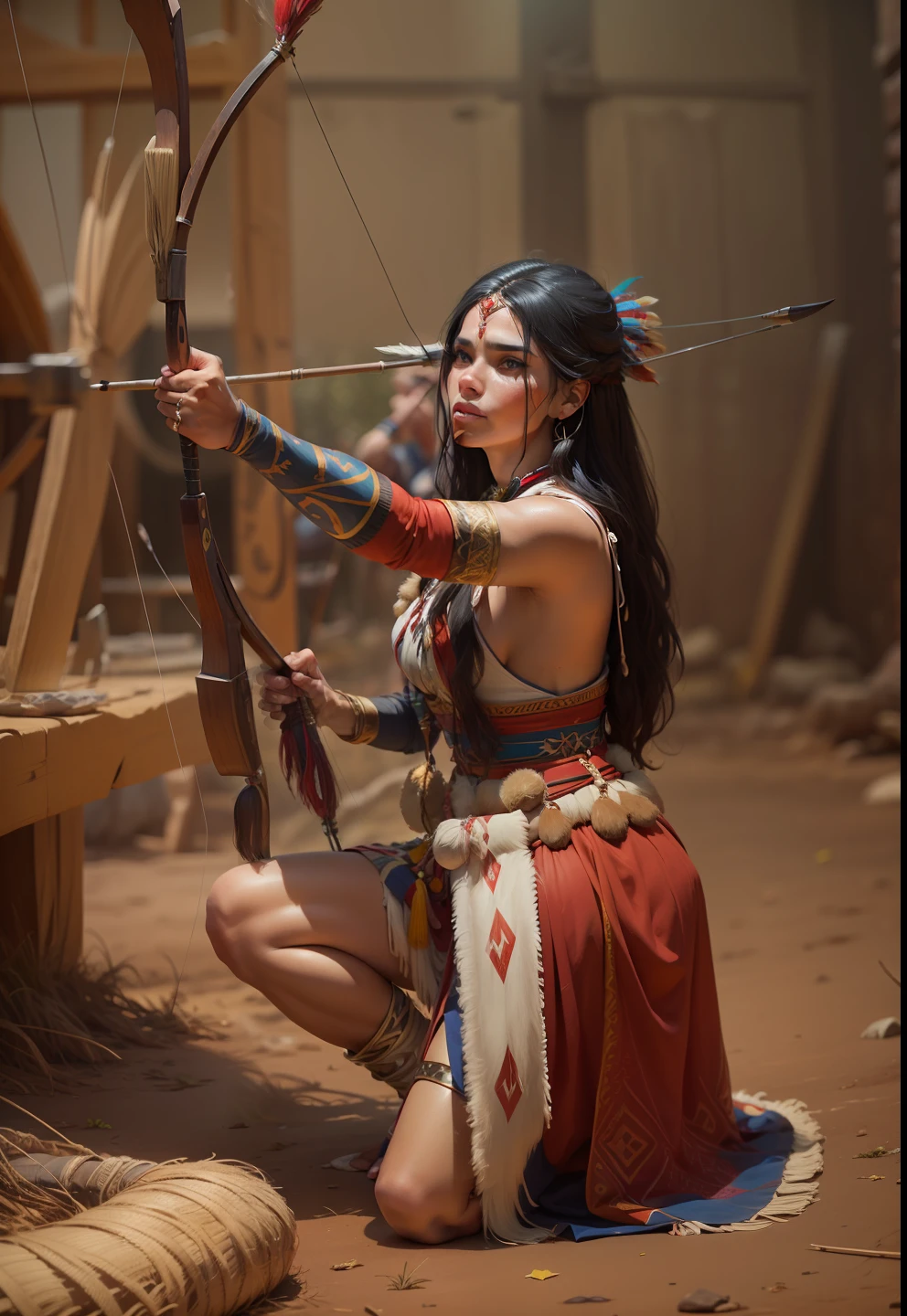 Full body digital painting of beautiful Brazilian indigenous woman from Amazon native wearing blue and red headdress, long black hair, ultra realistic scenery, curved body, adult, holds bow and arrow, archer, sharp, final texture, photorealism, cinematic stoic epic 4k detailed epic 4k photo taken on kodak cinematic detailed bokeh hbo gloomy moody --auto