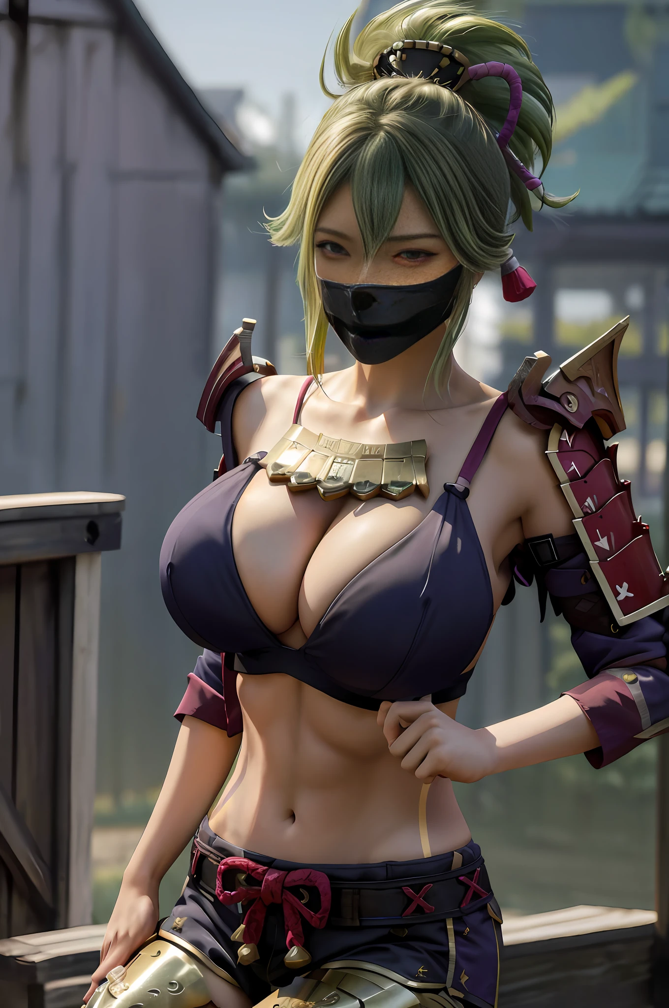 masterpiece, best quality, highres, beautiful face, top body is hyper realistic thicc muscle and hyper largest_breasts!! with the type of boobs_melons, lower is huge buttocks, shiny body, 1girl kuki shinobu, crop top shorts open jacket, armor shoulder armor leg armor, mask