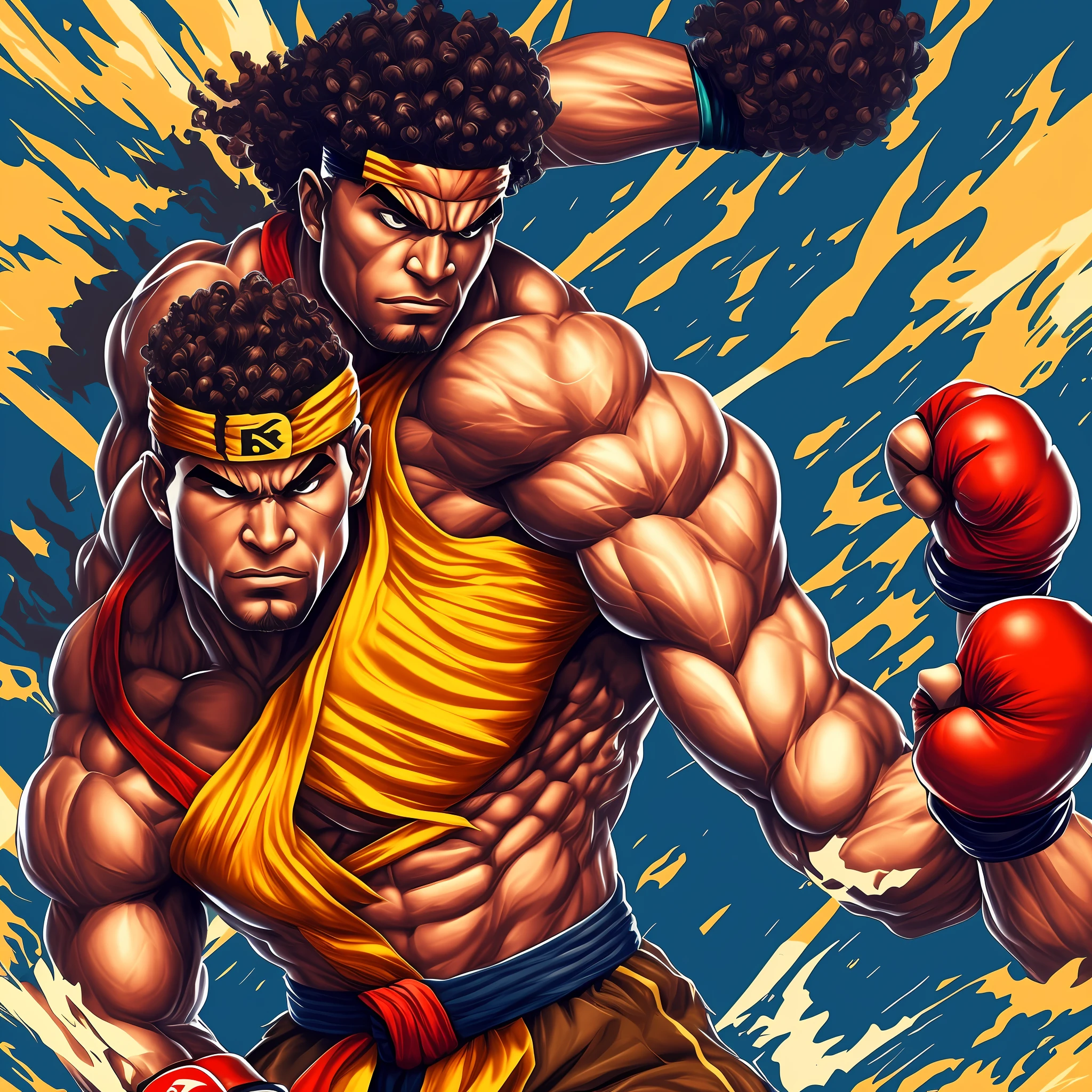 Tall muscular fighting character (solo) curly hair black(black skin) Brazilian Street Fighter style . Pixel art ((masterpiece)) 8K --auto