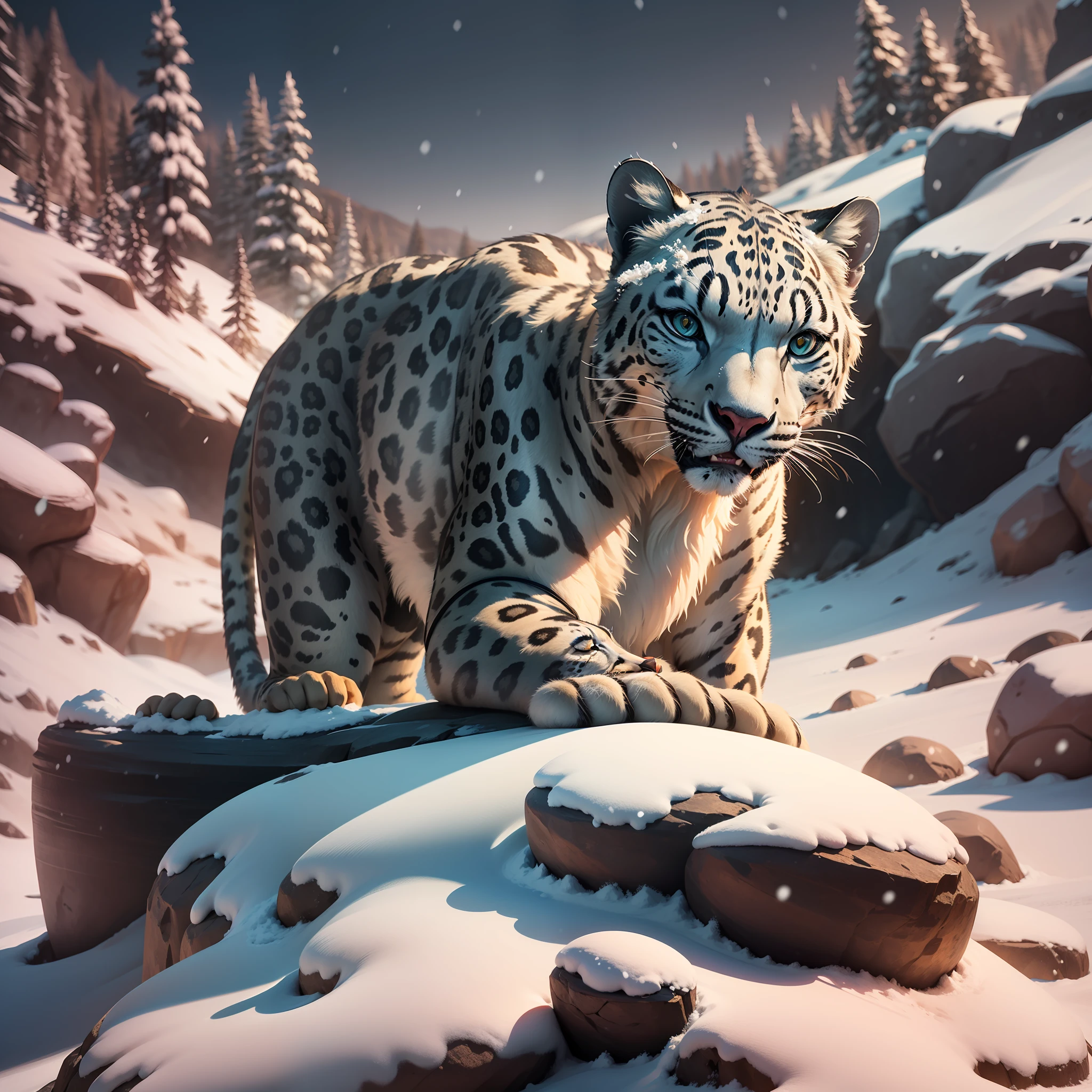 A snow leopard on top of a large rock, looking at the camera cinematic scene with blue and white special effects with snow