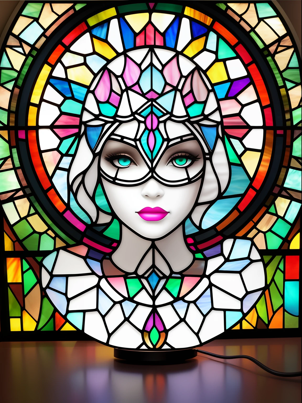 Desk lamp in the shape of a white catwoman's face made of clorfull stained glass