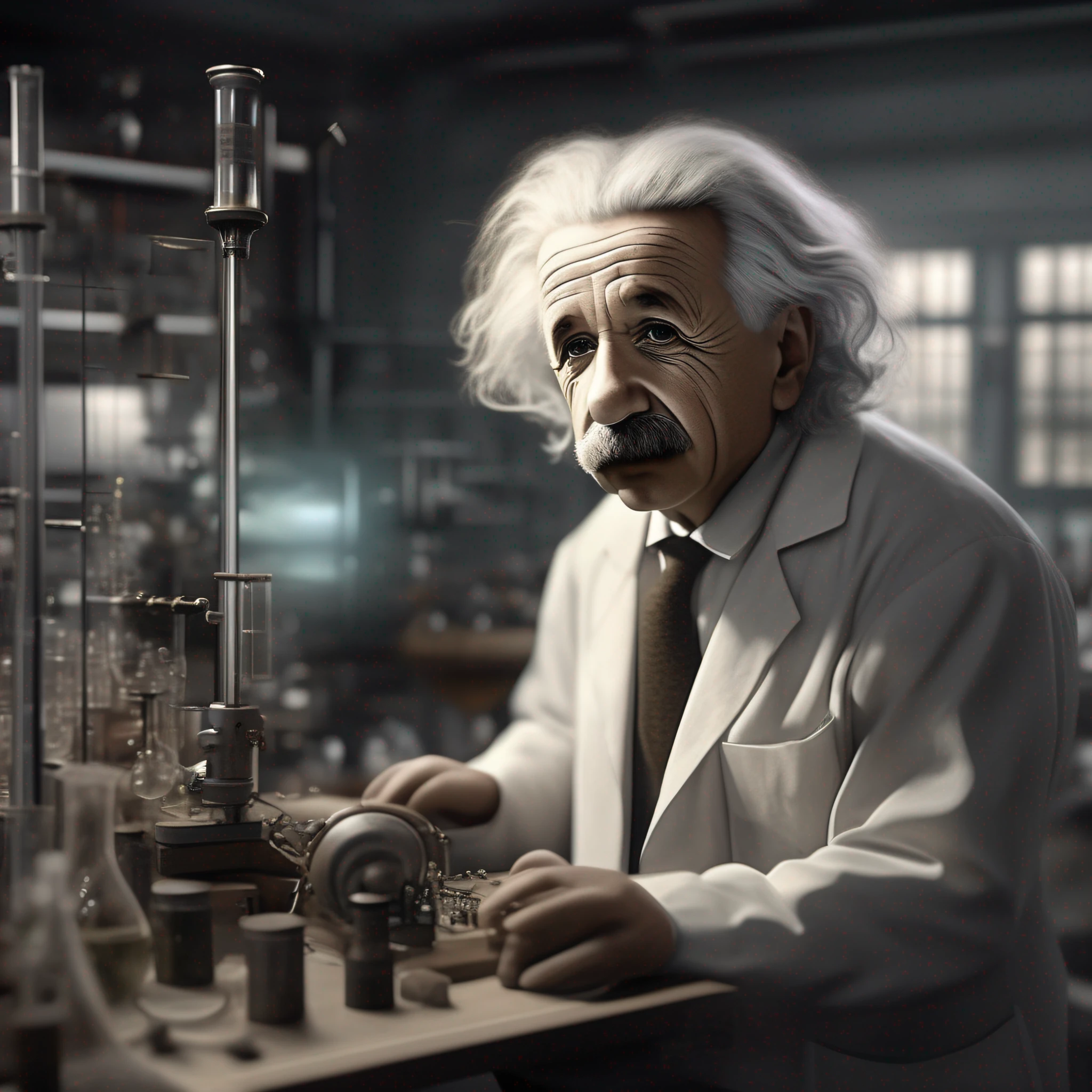 Ultra-realistic image of physicist Albert Einstein in a laboratory
