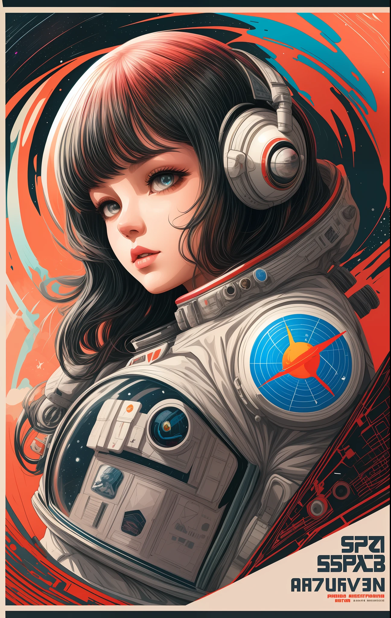 a projected abstract flat color vector (poster):1.2) with a (girl):2) in a (space suit):1.5), anime portrait Space Cadet girl, artgerm jsc, (Soviet style):1.2) cyberpunk, guweiz-style art art, retro sci-fi art, girl in space, soviet propaganda poster style, soviet propaganda style.