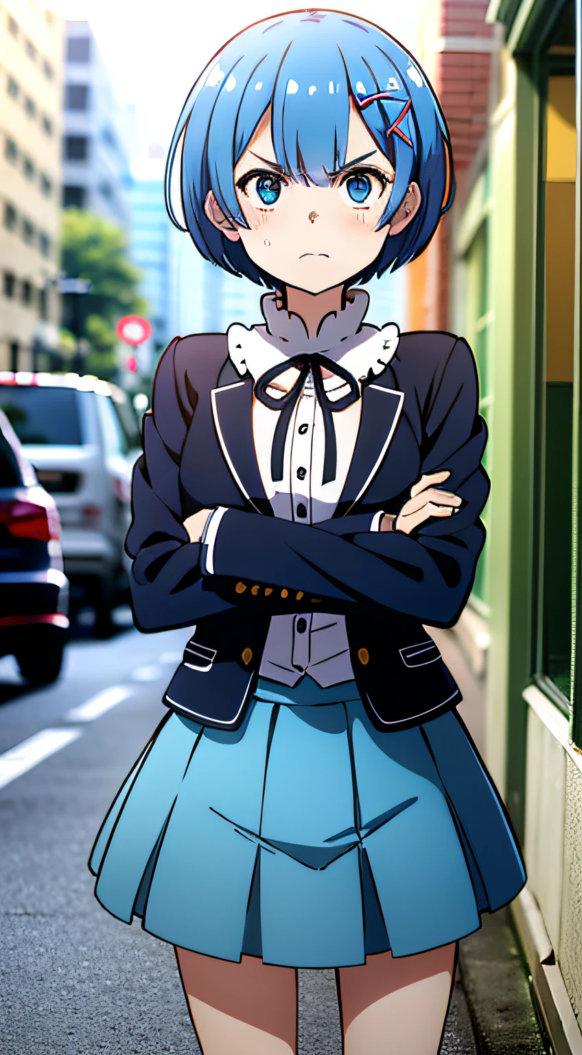 masterpiece, rem rezero, short blue hair, detailed eyes, angry face, top and skirt, casual oufit, crossed arms, standing in the middle of the street, legs apart, looking at the viewer,