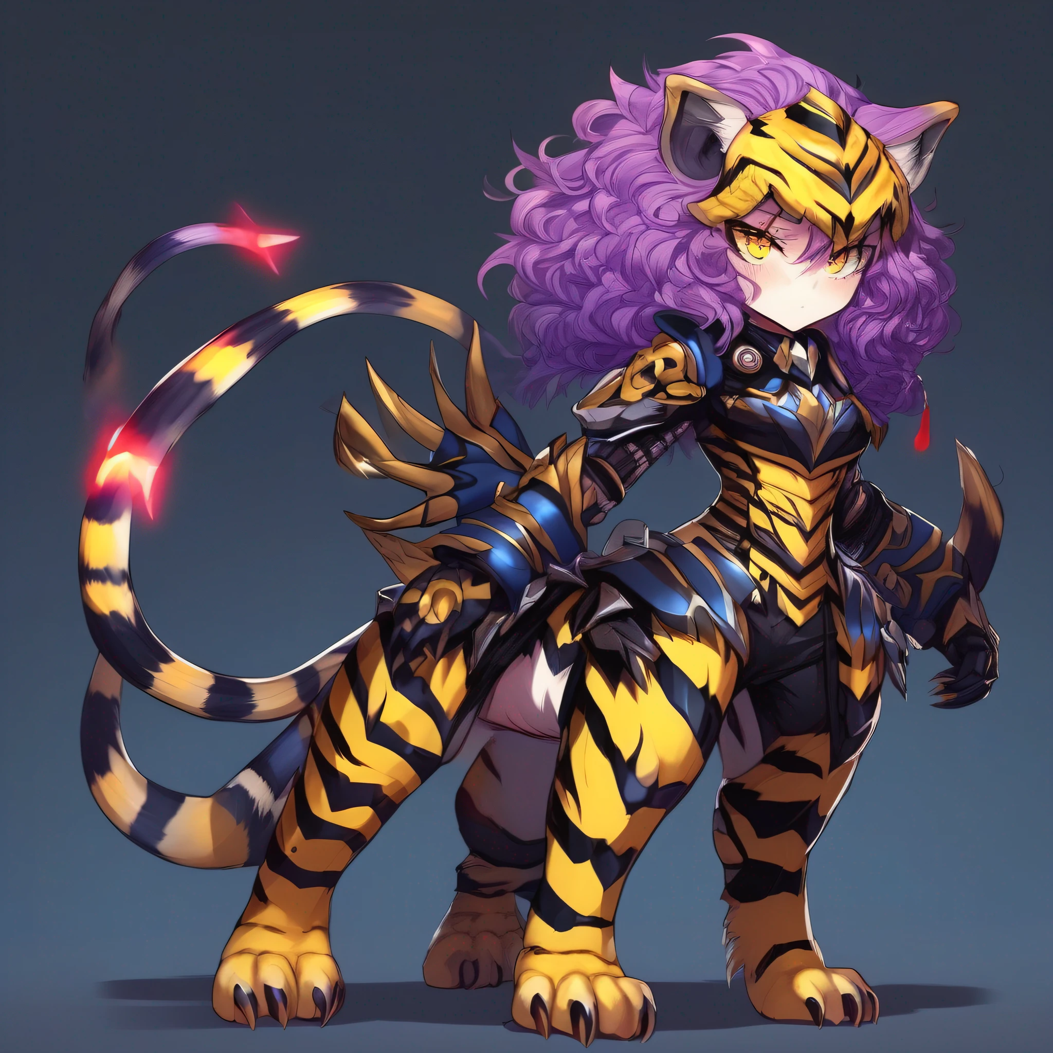 Tiger, (monster girl), violet curly hair, black helm, red eyes, sabertooth fangs, yellow with black unique stripes, blue lightning tail, fantasy armor, masterpiece, best quality