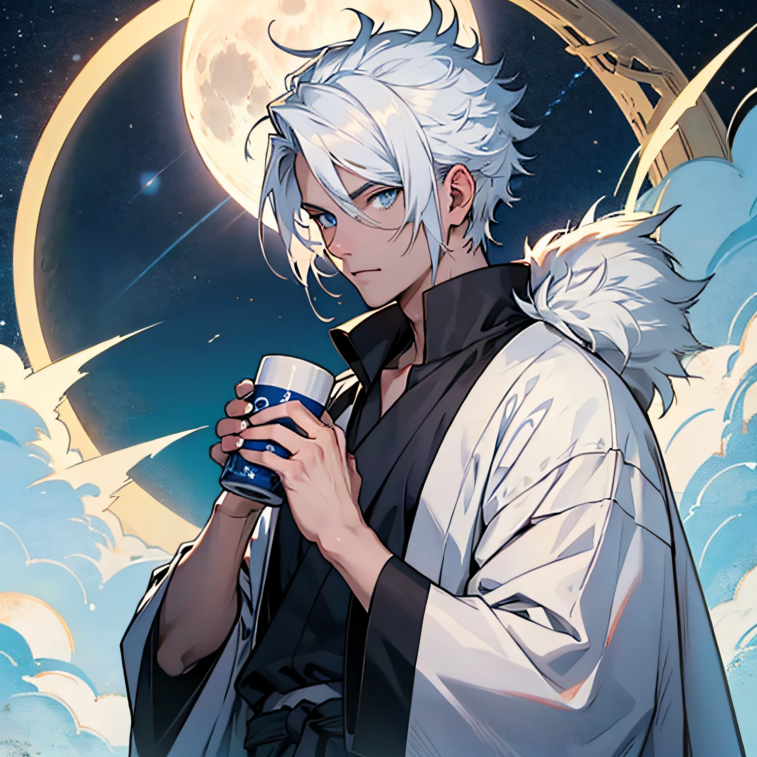 Spiky white hair, sake in hands, blue eyes, on the moon, stars