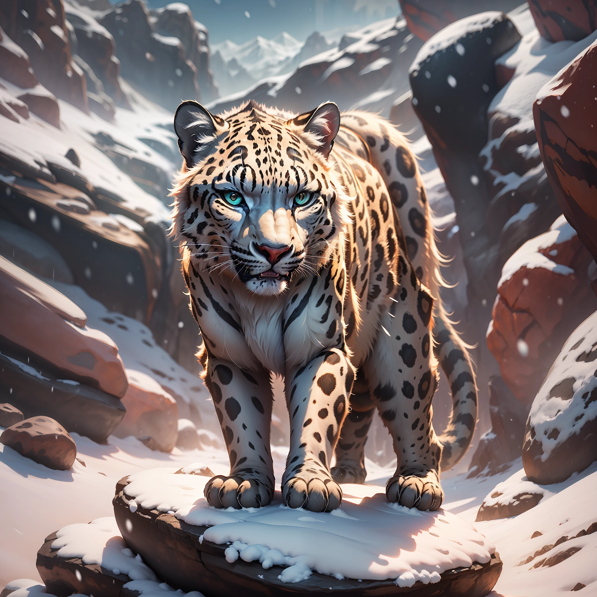 A snow leopard on top of a large rock, looking at the camera cinematic scene with blue and white special effects with snow