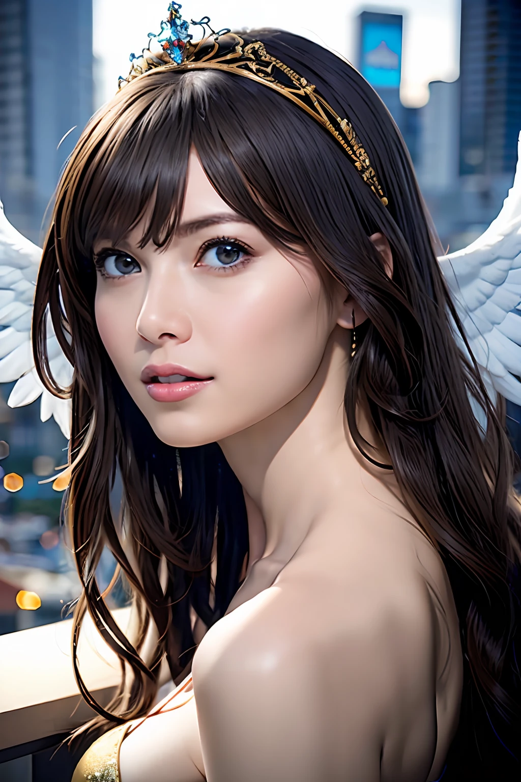 Ultra-detailed complex 3D rendering of the face, (Colossal: 8.8), (masterpiece, top quality, octane rendering, 8K), glamour shot full body image, cleavage, (highly detailed skin: 1.2), (exposure: 1.1), (blonde))), ((minuscule gold micro bikini: 1.5)), beautiful Caucasian woman with white skin with full soft breasts with big buttocks, one, long braided hair, Big breasts, dynamic angle, mystical expression, ultra-realistic photo, (((((portrait)))), bare feet, futuristic city background, facial muscles, detailed and beautiful queen tiara, in the style of Marvel Comics, clear focus, studio photography, intricate detail, highly detailed, detailed yellow eyes, sharp focus, digital rendering, professional, abs, (( (sexy pose))), natural jungle, lightly open mouth, mansuji, open crotch, seductive look, angel ring, detailed and beautiful angel wings, clean mouth, light particles, anatomically correct, crotch, legs open in a V shape, huge pink areola, areola comes out,