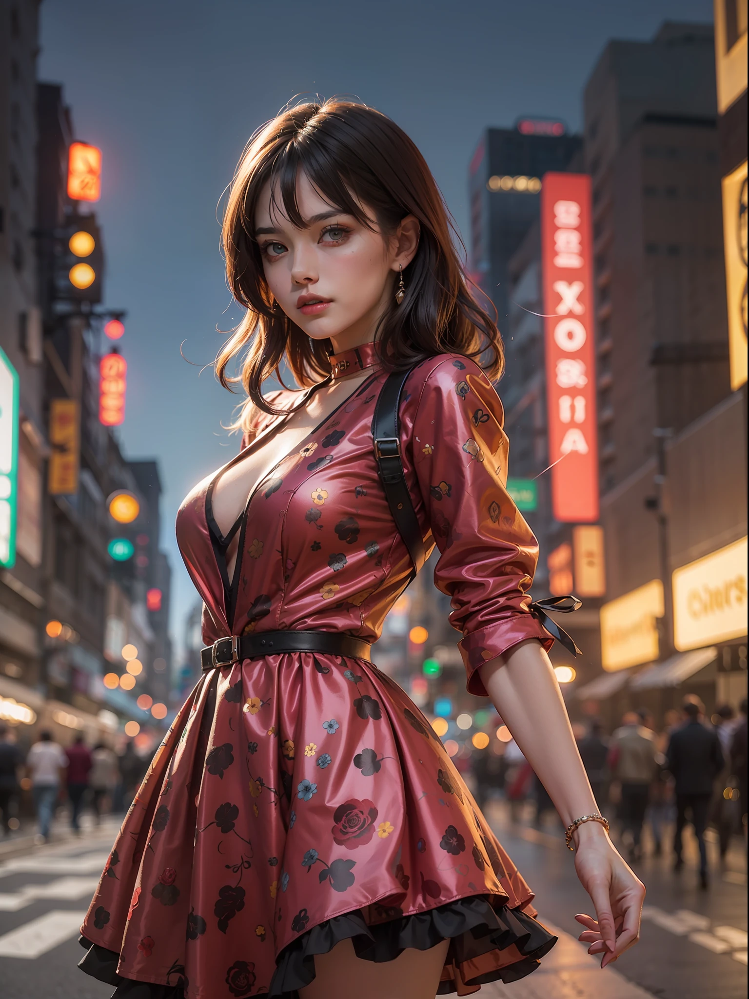 a pretty woman in a neon firegami dress in the streets, hdr pro digital studio portrait, young, front, highly detailed, clear, high quality, hyper-detailed, 4k, ultra smooth, cinematic lighting