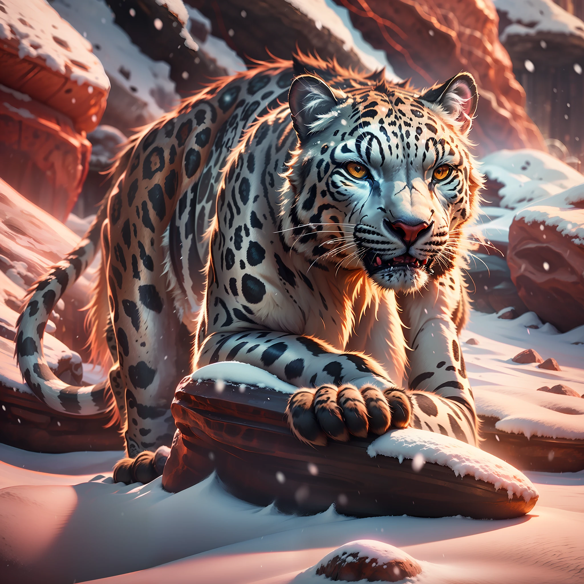 A snow leopard on top of a large rock, looking at the camera cinematic scene with blue and white special effects with snow