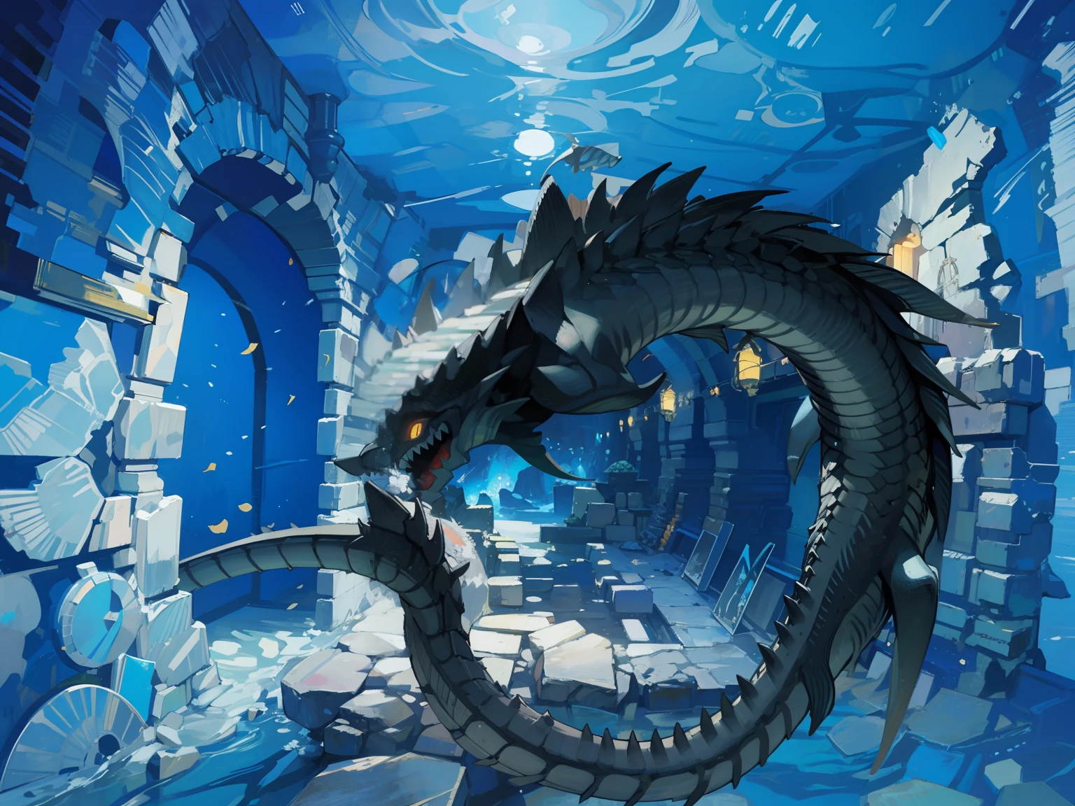 1monster, long and sinuous body, reflective scales, glowing eyes, razor-sharp teeth, inside ancient ocean monument. (Masterpiece: 1.2) (Best quality: 1.3)
