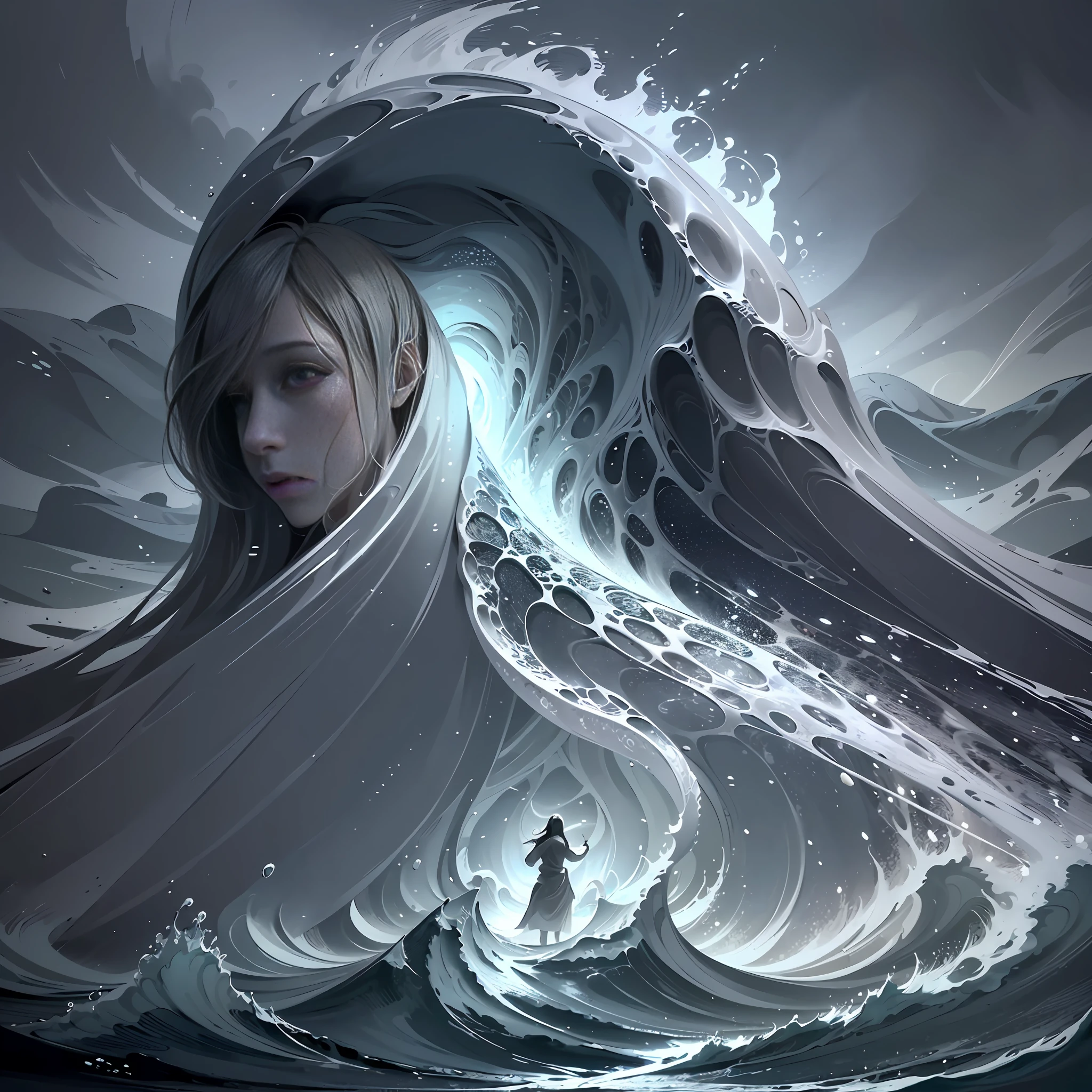 Monochromatic illustration, of Jesus of Nazareth gigantic wrapped in a white layer that emerges from the waters of the ocean in front of a vortex, magical portal in the illuminated sky, crossing the waters over the sea, with gigantic, huge waves, illustration in white charcoal, super loose, dynamic and artistic strokes, inspired by Rembrandt. Sharp, tremendously artistic, outstanding, award-winning approach.