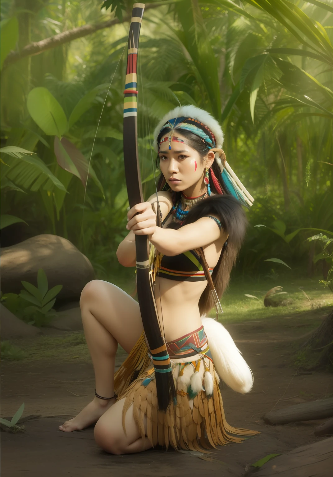 Hyper realistic full body painting of an indigenous Brazilian woman from the Amazon tribe, colorful seed necklaces on her chest, straw skirt, kneeling in battle pose, holds bow and arrow, morning light, jungle, environment, smoky, mystical --auto