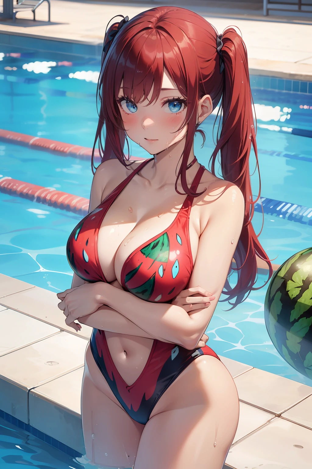 (rising from the pool), chest focus,
Blake (1 to 1.4 females), (blue eyes), ((((crimson hair))), (long twin tails), wet hair, blush, (large: 1.2),
The rest ((wet)), cowboy shot, ((compressed swimsuit, (watermelon print: 1.4))))),
Gonzo interrupt, POV, breast close-up, ((shiny body)),
Break ((Super Detail)), ((Illustration)), (Beautiful Eye for Details), Beautiful, Wonderful, ((((Masterpiece)))))), (Real: 0.5), Best Quality,
Take a break by the pool