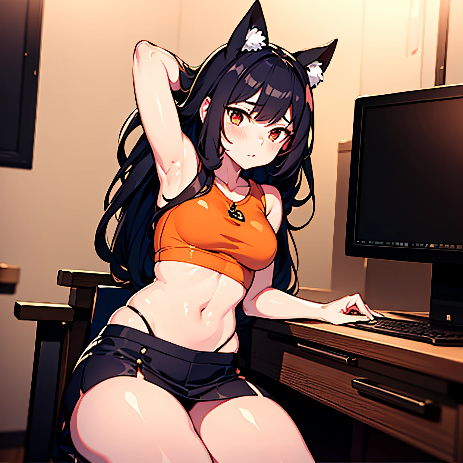 A young , with a well-defined body and a well-defined face, wears a sexy outfit consisting of an orange t-shirt and a black mini skirt. She's in her Japanese-style room, sitting in front of the computer. On the computer screen, one can read "KiraNeko-Fansub". Beside her, an adorable black kitten plays happily. The room is illuminated by a soft light, which enhances the vibrant tones of the Japanese décor and creates a warm and intimate atmosphere. The young woman is immersed in the world of anime, enjoying its moment of fun and entertainment. The atmosphere is filled with a relaxed and welcoming aura, providing a perfect refuge for your passion. The scene conveys a sense of youth, enthusiasm and authenticity, with a touch of understated sensuality. --c 10 --s 746 --q 2