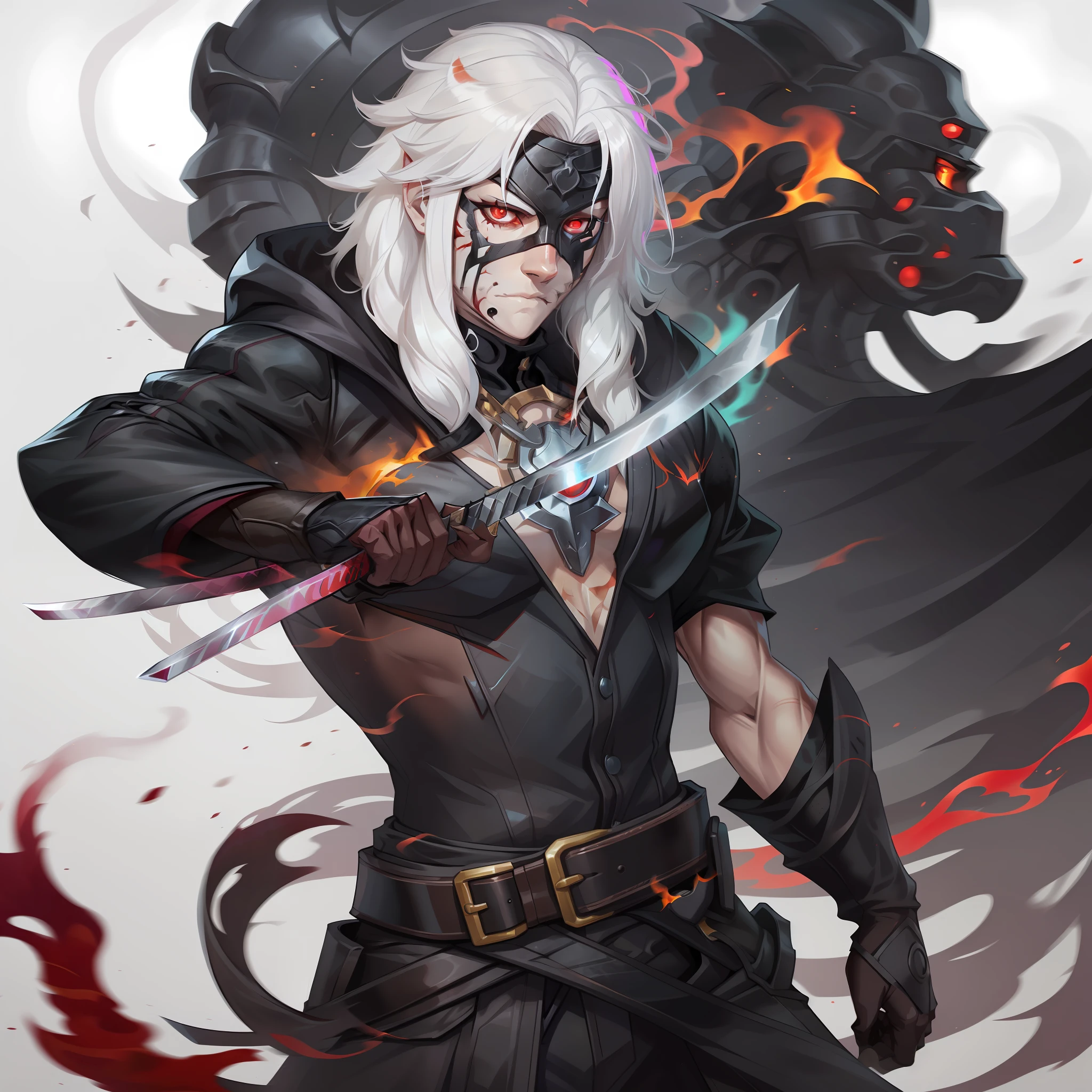 anime face white hair, red eyes, black fireball in hand, digital art, white hair, crimson red eyes, Fire around, standing, neutral background, arcane art style, long hair, male character, black clothing, black fire, katana on the back, look of brave, battle wounds, black mask on the face