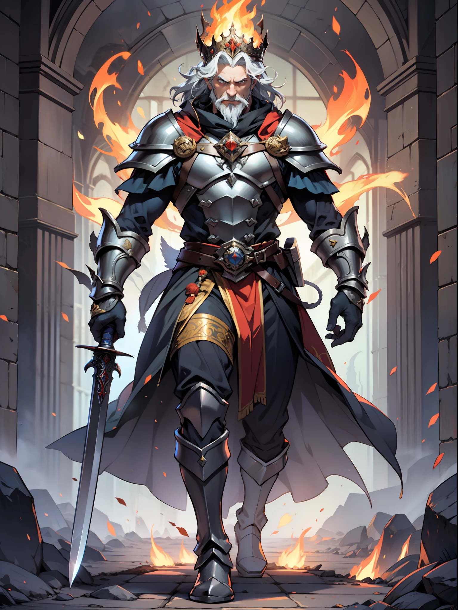 Gwyn, Lord of Cinder, is a powerful and ancient being who once ruled over the world of Dark Souls. He has a majestic appearance and clothing that reflect his status as a king and a god. According to the web search results123, he wears:
A set of royal drapes with gold bands on his arms and a crown atop his head.
A pair of boots on his feet.
A greatsword imbued with the power of light and fire, which he uses to strike down his enemies.
His face is that of an old man with calm eyes, a long grey beard and hair. However, when he is encountered in the Kiln of the First Flame, he appears to be hollowed, with charred skin and missing eyes. He has sacrificed himself to prolong the Age of Fire by linking himself to the First Flame