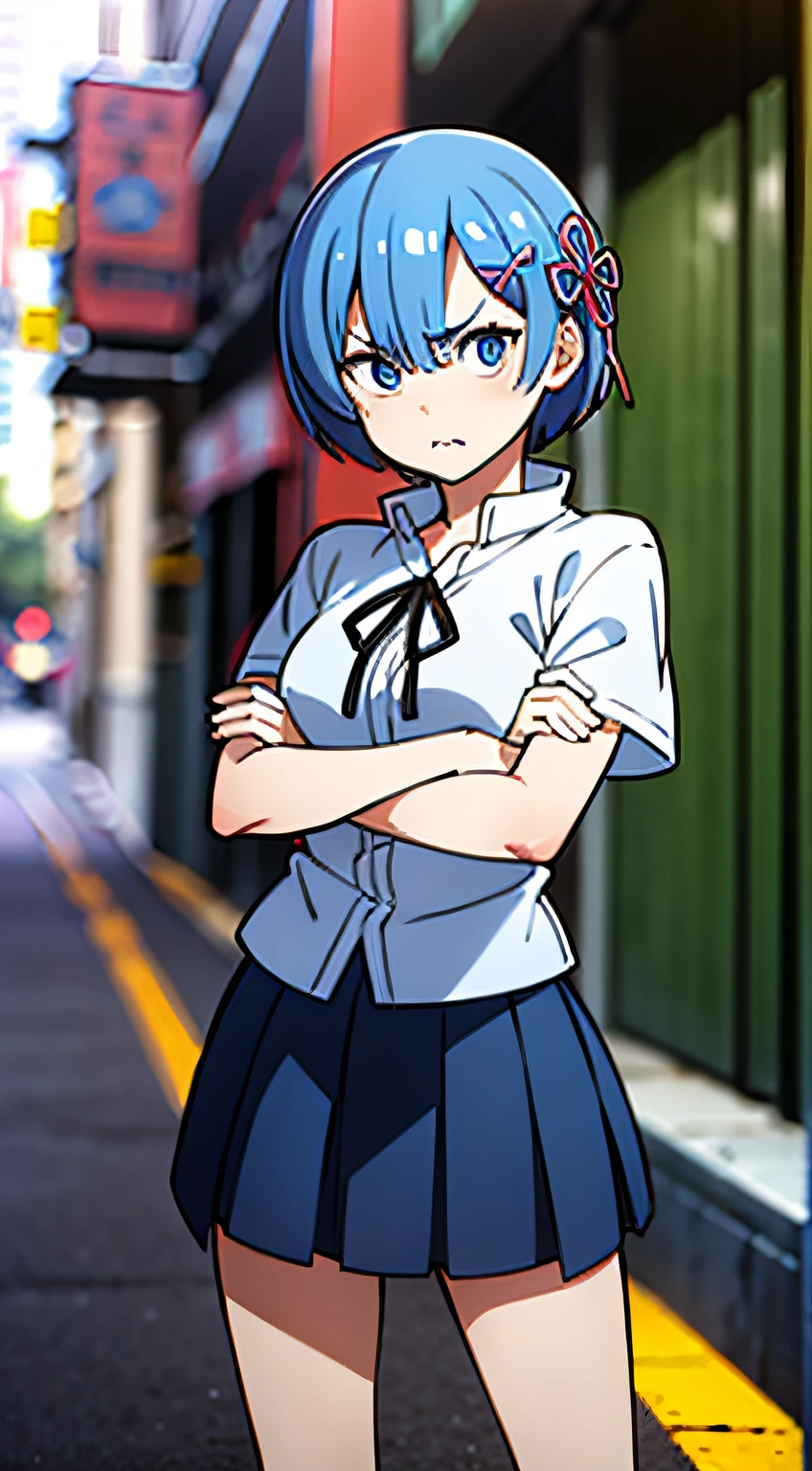 masterpiece, rem rezero, short blue hair, detailed eyes, angry face, shirt and skirt, casual oufit, crossed arms, standing in the middle of the street, legs apart, looking at the viewer,