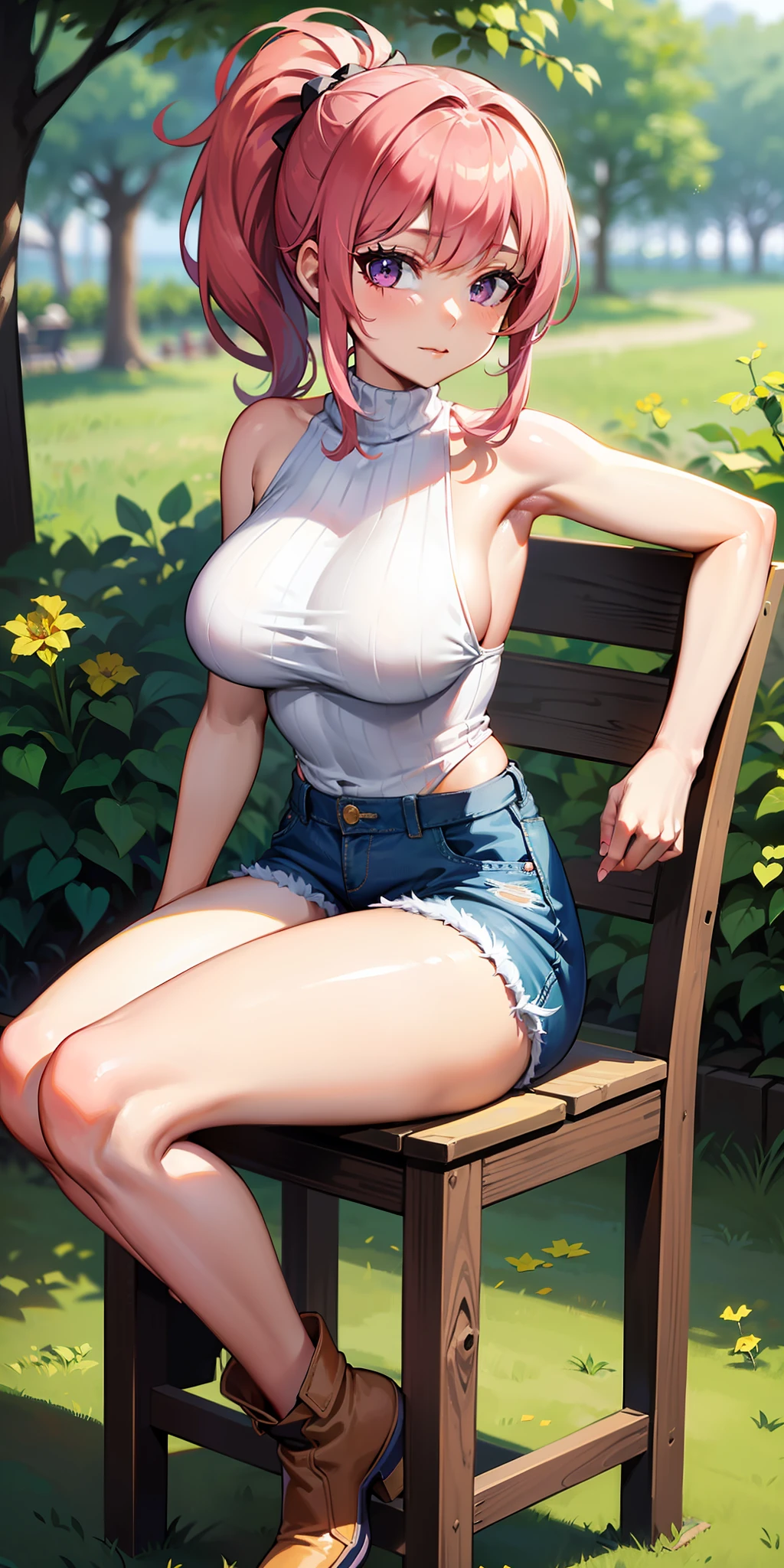 Beautiful female, milf, wasp waist, large breasts, pink hair, ponytail, purple eyes, (white turtleneck: 1.5), sleeveless, bare arms, denim shorts, cowboy boots, outdoors, model pose, portrait, sitting in chair, leaning back