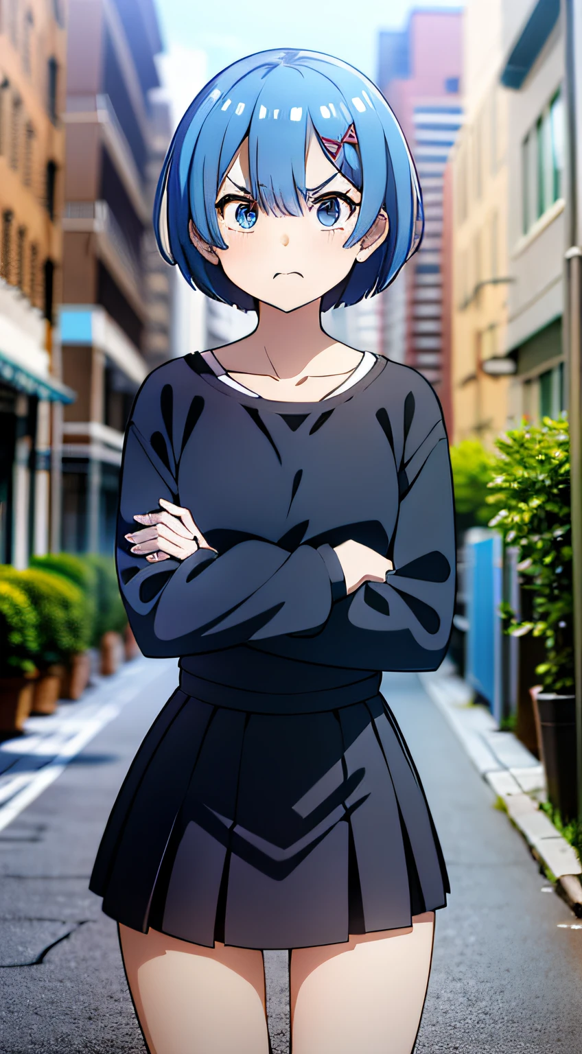 masterpiece, rem rezero, short blue hair, detailed eyes, angry face, shirt and skirt, casual oufit, crossed arms, standing in the middle of the street, legs apart, looking at the viewer,