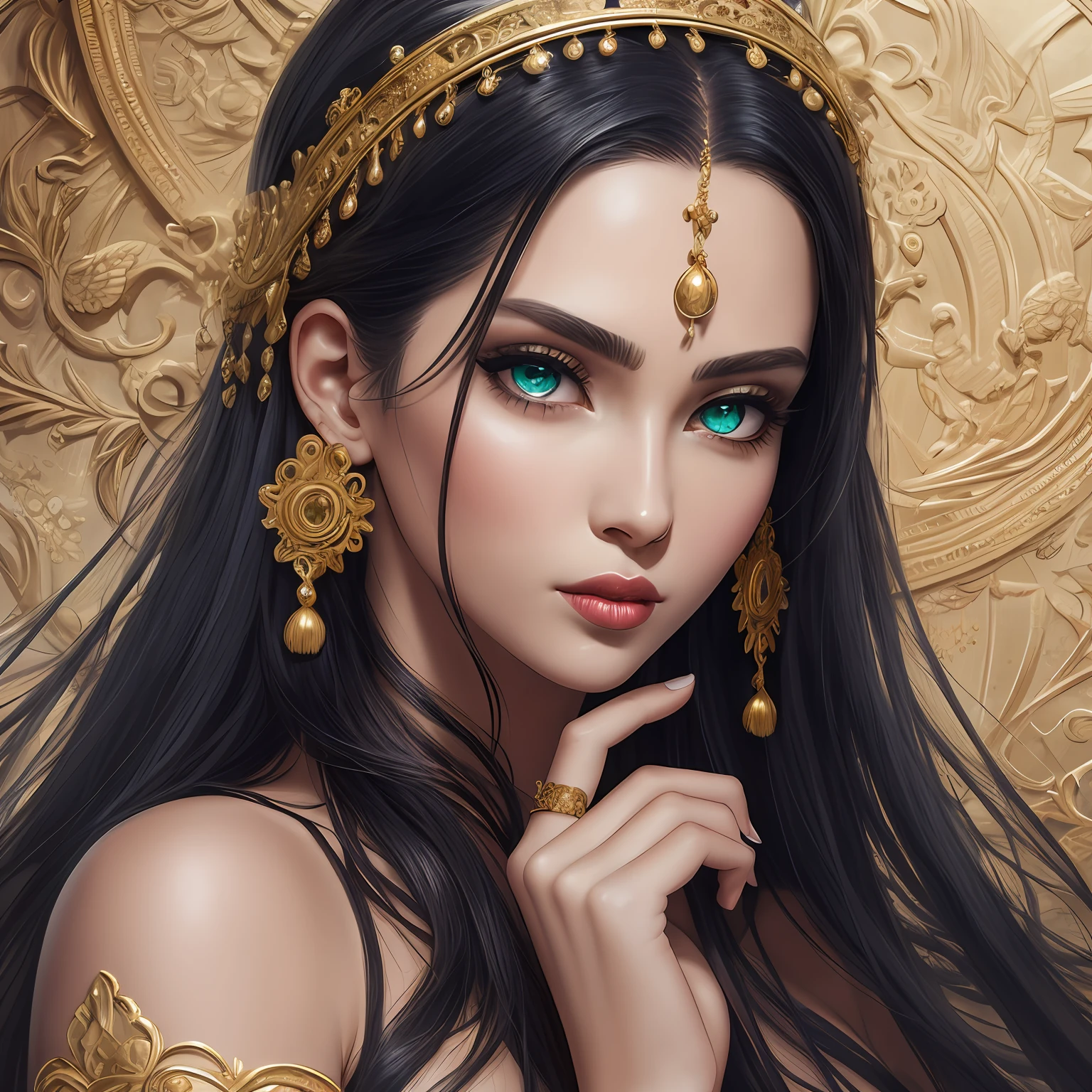 woman with long black hair and a (((generous lip, sensual))) detailed beautiful face, photorealistic beautiful face, realistic beautiful face, realistic beautiful face, detailed beautiful face, beautiful and realistic faces, hyperrealistic beautiful face, detailed sensual face, beautiful and realistic face, realistic female faces, detailed realistic face, very detailed beautiful face, detailed realistic faces, detailed beautiful face(Masterpiece), high quality, intricate (high detail: 1.1) (perfect face: 1.1) green eyes, bright eyes, (beautiful detailed eyes:1.05), (cinematic light:1.1) glitter, art by Stanley Lau and Artgerm, perfect body, (((full body))) (((full body view))) adult, female, cowboy shot, looking at the viewer, cinematic lighting, outdoors, gigantic mountains, night, shadows, blue moon, lush vegetation, sari, highly detailed, gold, transparent, realism, 8k, hd, masterpiece, anatomically correct, high details, textured skin, perfect fingers, Seaart --v 6