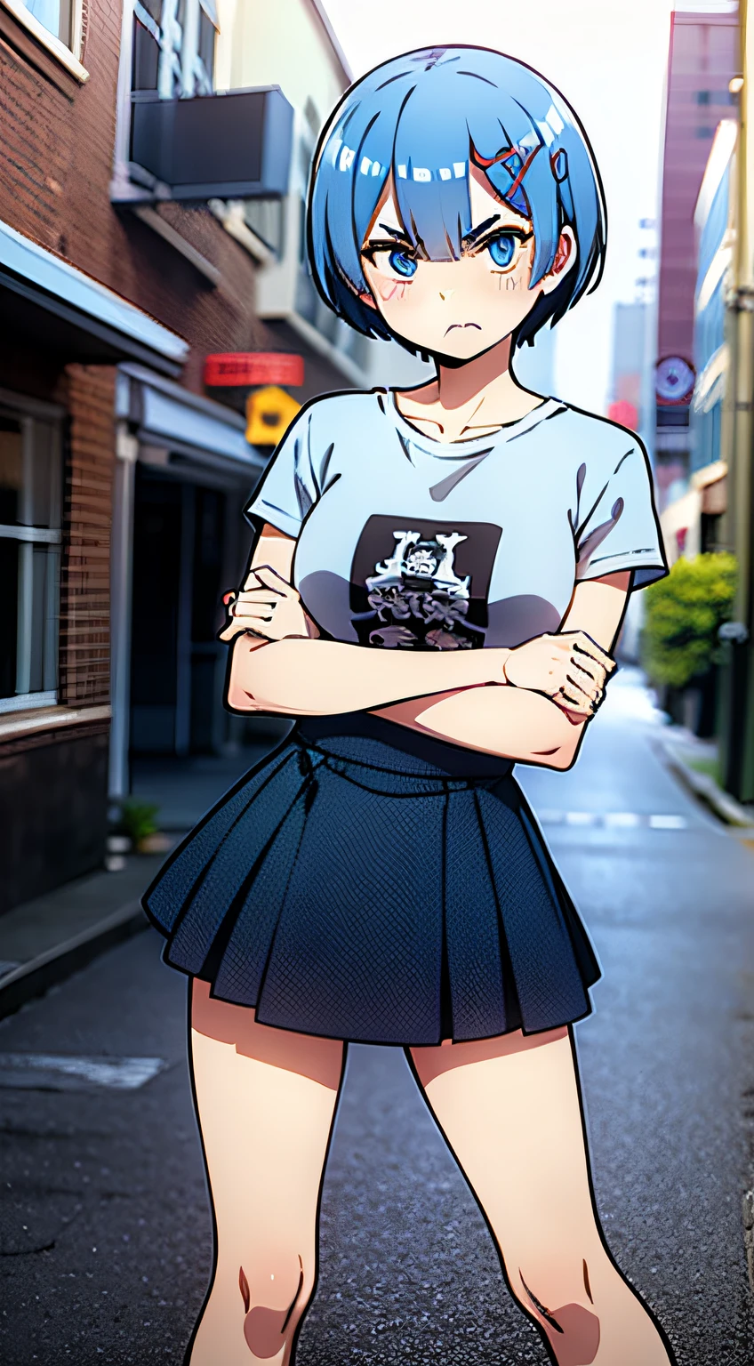 masterpiece, rem rezero, short blue hair, detailed eyes, angry face, shirt and skirt, casual oufit, crossed arms, standing in the middle of the street, legs apart, looking at the viewer,