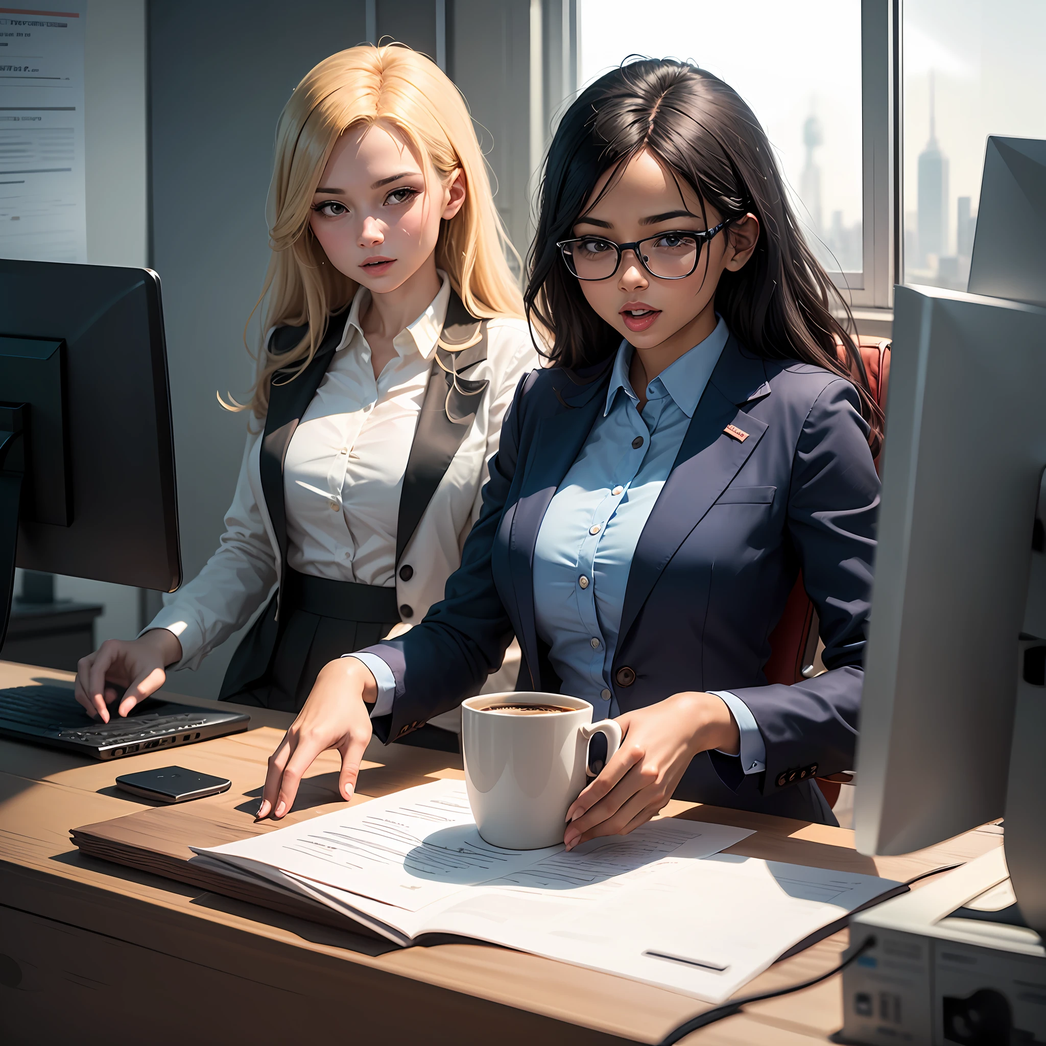 Imagine a modern and cozy office scene. The furniture is elegant, an organized work table and comfortable chairs fill the room. Through a glass wall, we see an awe-inspiring view of the city outside. In the office, people of different ethnicities, ages and genders are dedicating themselves to their daily tasks. They are dressed professionally, conveying confidence and success. Some are involved in team meetings, discussing ideas and sharing knowledge. Others are collaborating on projects, working on their laptops, or answering important phone calls. Their facial expressions reflect concentration, joy, and enthusiasm. The environment is filled with the energy and creativity that permeate the business world. In the office, we find elements such as colorful post-its, a whiteboard full of ideas and a mug of coffee that recalls the pause to recharge the energies. The colors are sober and professional, with shades of blue and gray predominant. The lighting is carefully planned, highlighting the faces and the main elements of the scene. The composition is balanced, following the rules of photographic composition to create an attractive and visually pleasing image. This image depicts the dynamic and exciting world of business, capturing the diversity, collaboration, and professional success that permeate this environment. --auto