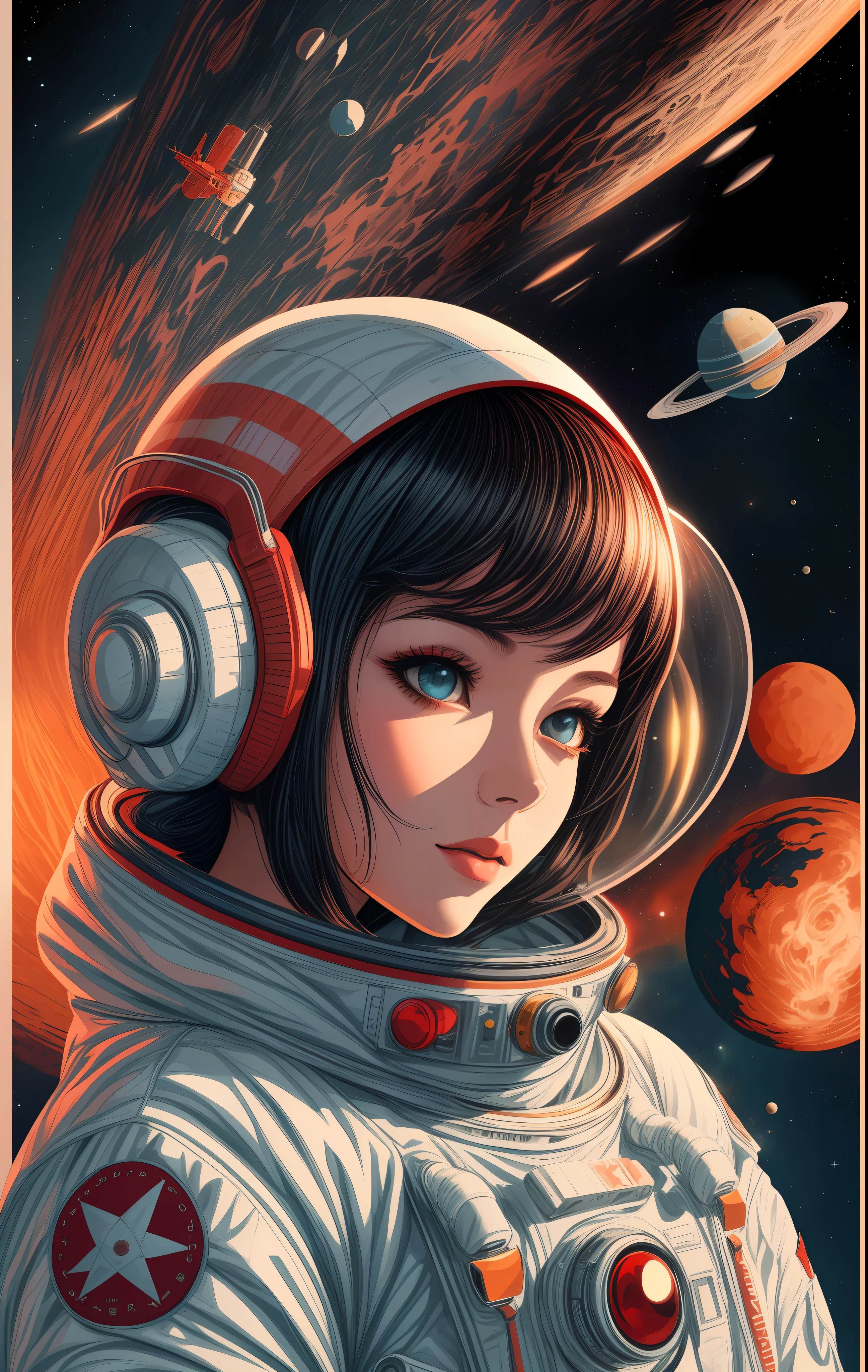 a projected abstract flat color vector (poster):1.2) with a (girl):2) in a (space suit):1.5), anime portrait Space Cadet girl, artgerm jsc, (Soviet style):1.2) cyberpunk, guweiz-style art art, retro sci-fi art, girl in space, soviet propaganda poster style, soviet propaganda style.