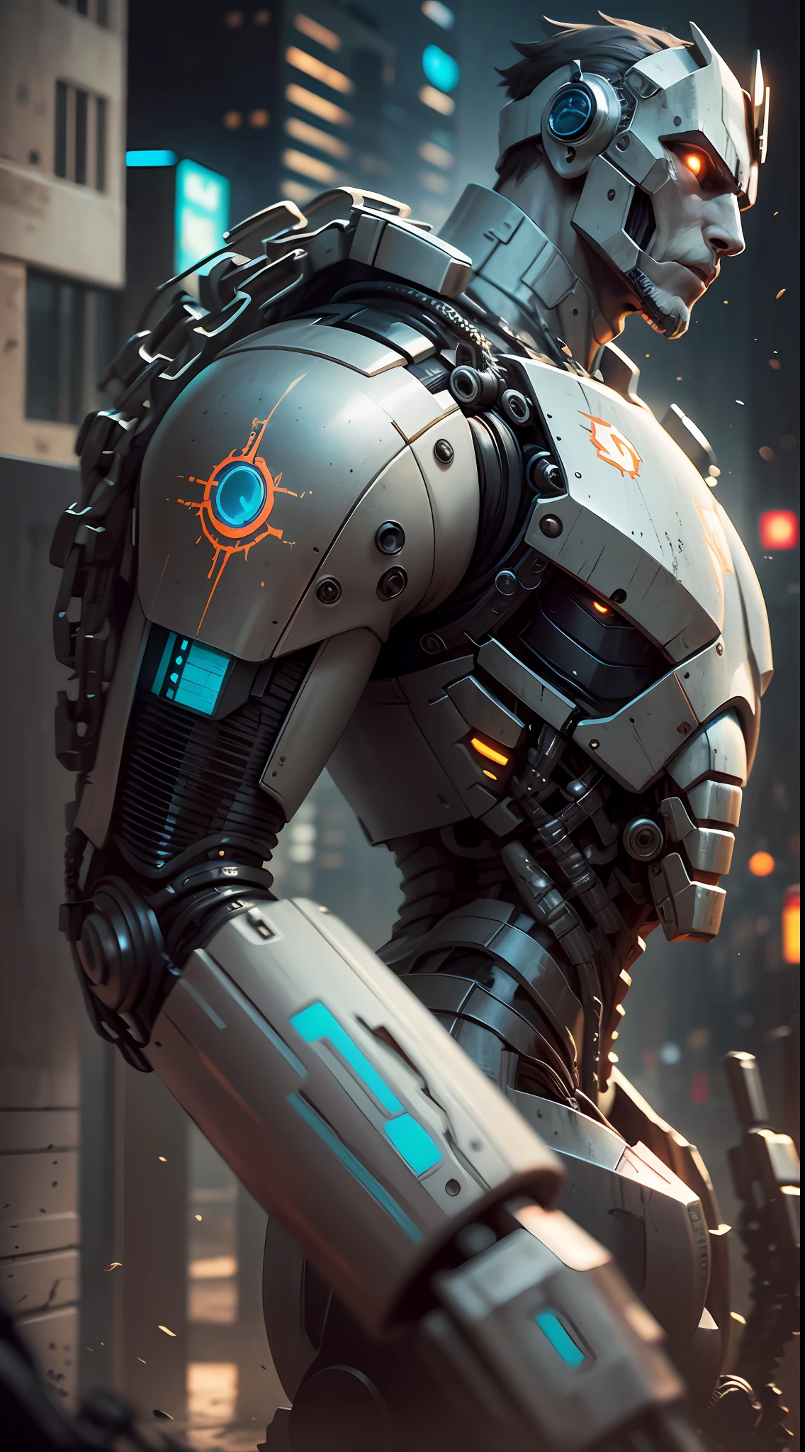 dvMech, 85mm, f1.8, robot portrait, dark matte smooth ceramics, intricate design, very detailed, fine details, extremely clear lines, cinematic lighting, realistic photos, a detailed masterpiece, Dark_Fantasy, Cyberpunk, (chain saw, chain saw man, Red:1.1), 1man, Mechanical marvel, Robotic presence, Cybernetic guardian, in shabby mech suit, intricate, (steel metal [rusty]), elegant, clear focus, photographed by greg rutkowski, soft lighting, bright colors, masterpiece, ((street)), cowboy shooting, dynamic pose --auto --s2