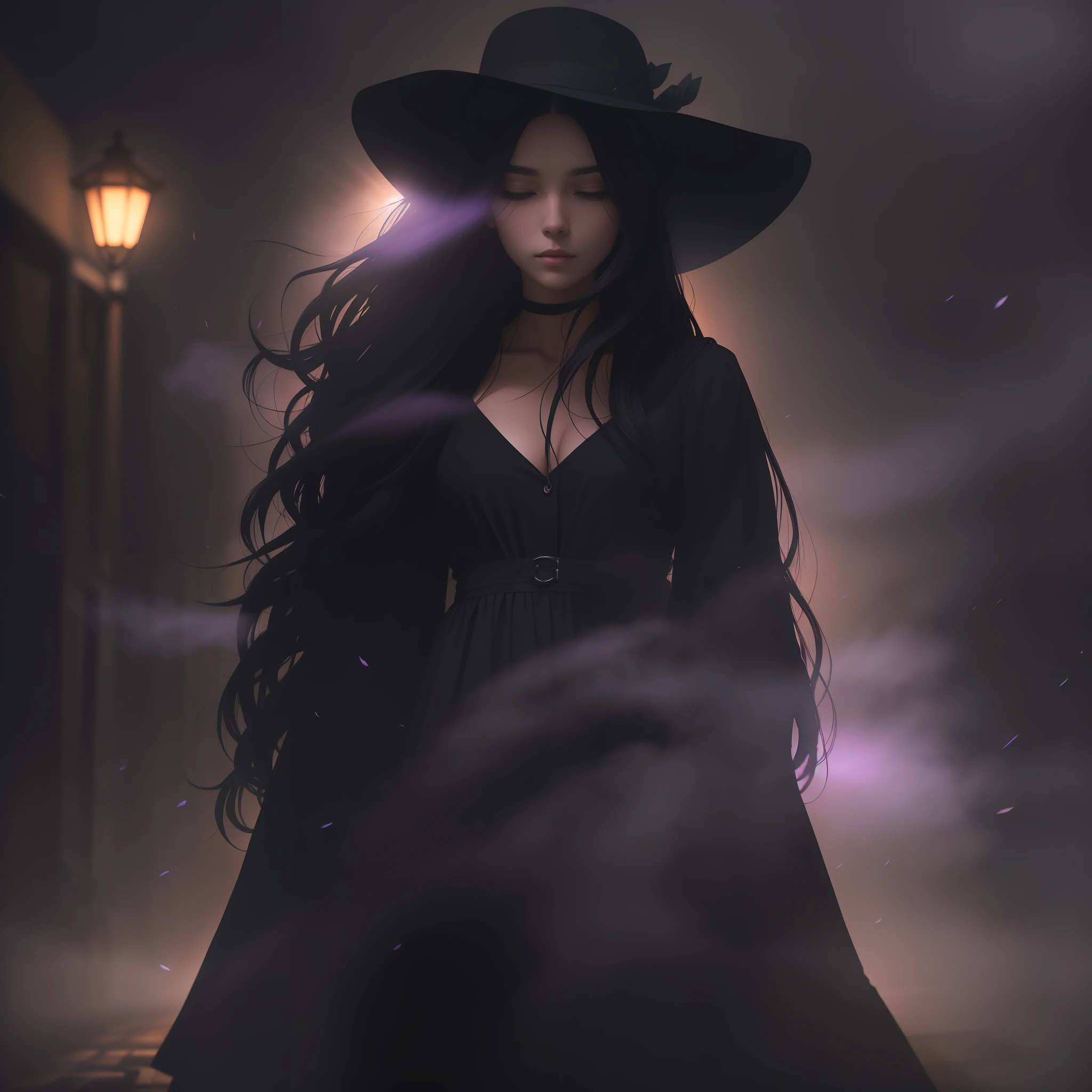 Woman walking head-on down a road at night, with fog and shadows, wavy and long black hair, hand hidden, high quality, ultra-detailed, 8k, masterpiece, (volumetric lighting), black magic, fanciful, lilac colors, purple, black and vivid shadows on the woman's return. --auto --s2