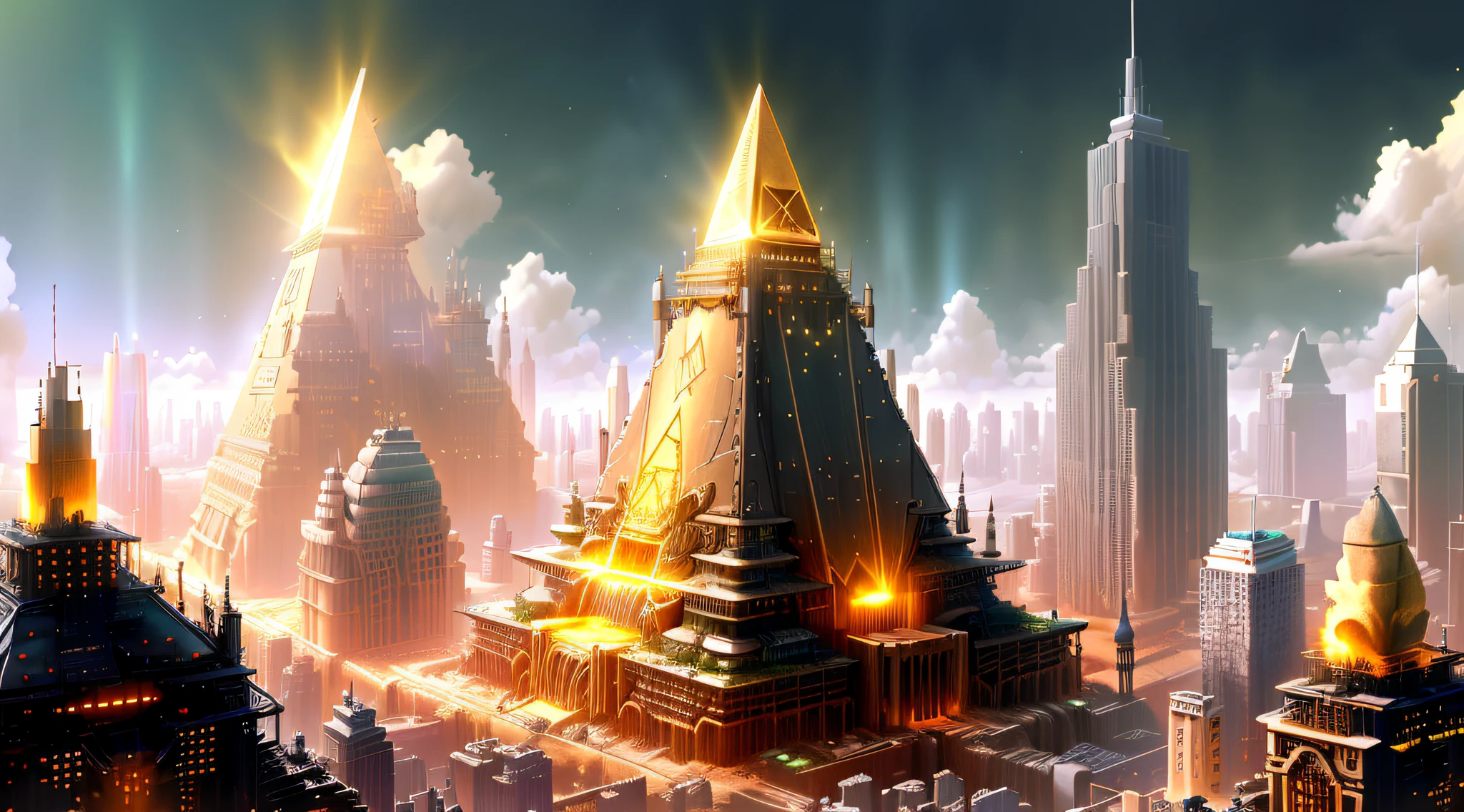 "A futuristic background of a golden glass pyramid with laser beams leads to a hyper-realistic scific city with huge skyscrapers. The hyper resolution of the background is 4k and has an aspect ratio of 16:9."golden pyramid,golden,shiny,glow