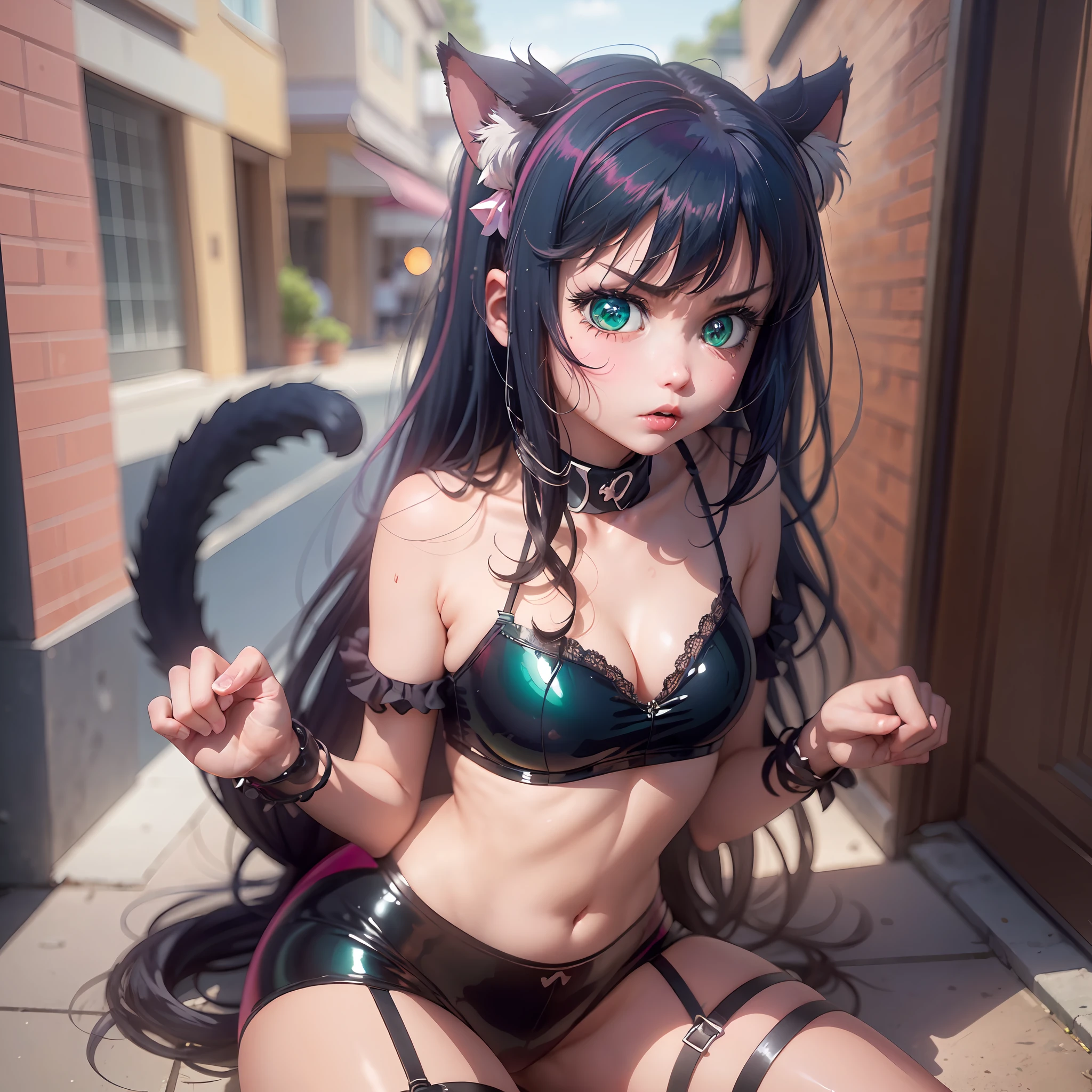 (Full HD 4k), single Anime girl from anime "Show by rock" Blue, green eyes, black hair, pink latex sexy underwear, pose is angry, blush on cheeks, pouty lips, black cat ears, anime anime anime cat girl, anime cat girl, anime cute cat visual, anime cat, very beautiful anime cat girl, beautiful anime cat girl, anime visual image of a cute girl