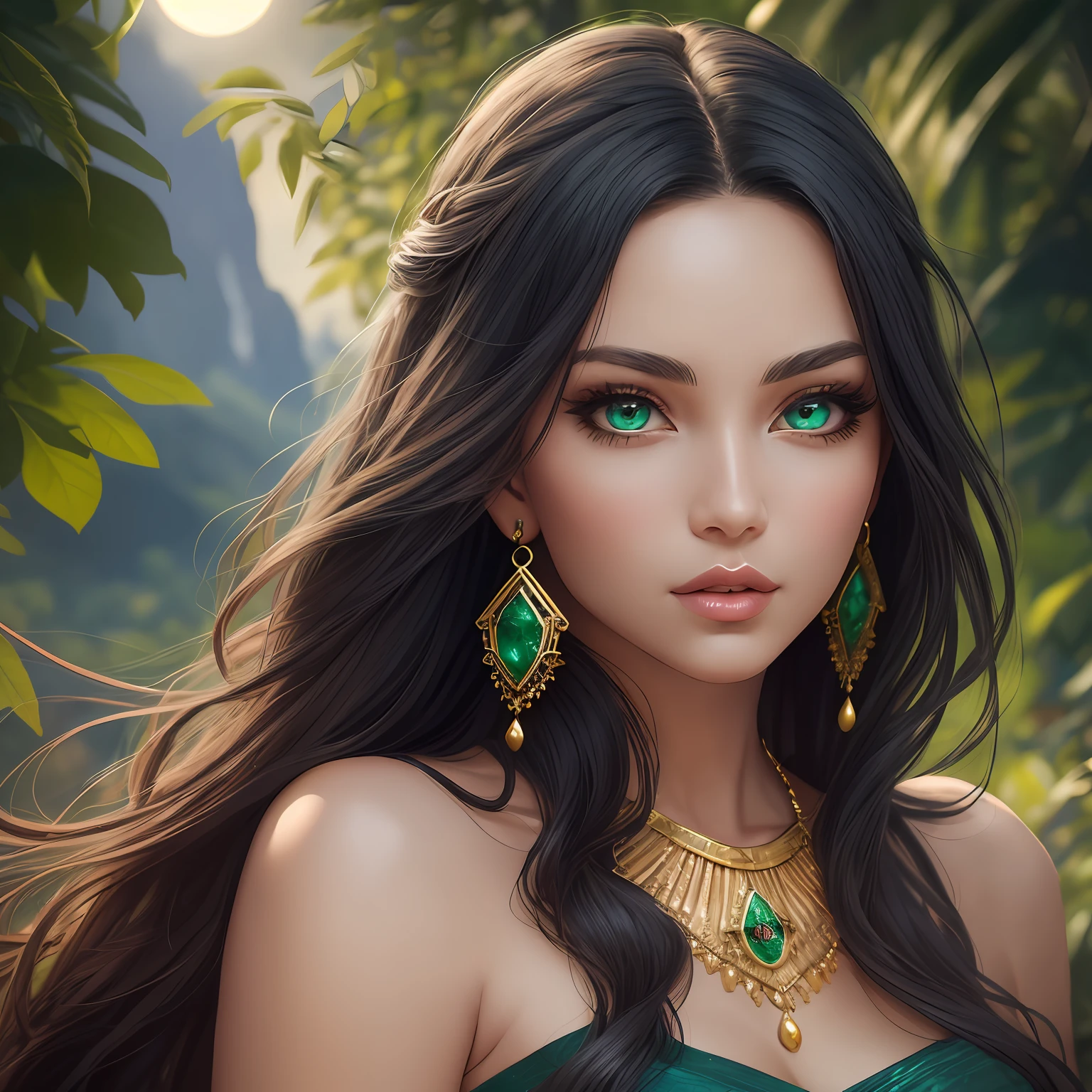 arafed woman with long curly black hair, detailed beautiful face, photorealistic beautiful face, realistic beautiful face, realistic beautiful face, detailed beautiful face, beautiful and realistic faces, hyperrealistic beautiful face, detailed sensual face, beautiful and realistic face, realistic female faces, detailed realistic face, very detailed beautiful face, detailed realistic faces, detailed beautiful face(Masterpiece), high quality, intricate (high detail: 1.1) (perfect face: 1.3), ((huge lips:1.3)), (emerald green eyes), iridescent eyes, (beautiful detailed eyes:1.05), (cinematic light:1.1) glitter, art by Stanley Lau and Artgerm, perfect body, (((full body))) (((full body view))) adult, female, (cowboy shot: 1.2), looking at the viewer, cinematic lighting, outdoors, gigantic mountains, night, shadows, blue moon, lush vegetation, sari, highly detailed, gold, transparent, jewelry on body, realism, 8k, hd, masterpiece, anatomically correct, high details, textured skin, perfect fingers, Seaart --v 6