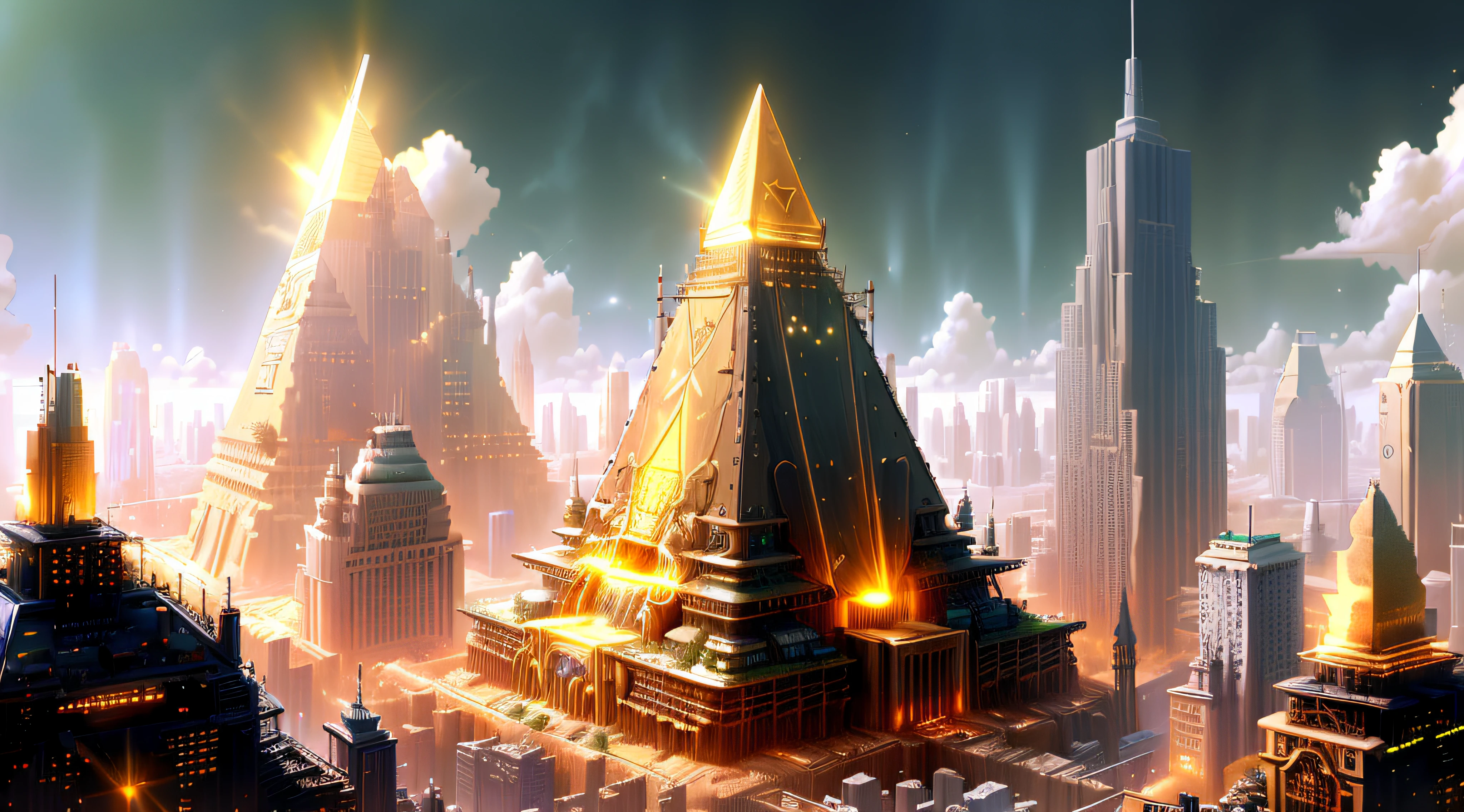 "A futuristic background of a golden glass pyramid with laser beams leads to a hyper-realistic scific city with huge skyscrapers. The hyper resolution of the background is 4k and has an aspect ratio of 16:9."golden pyramid,golden,shiny,glow