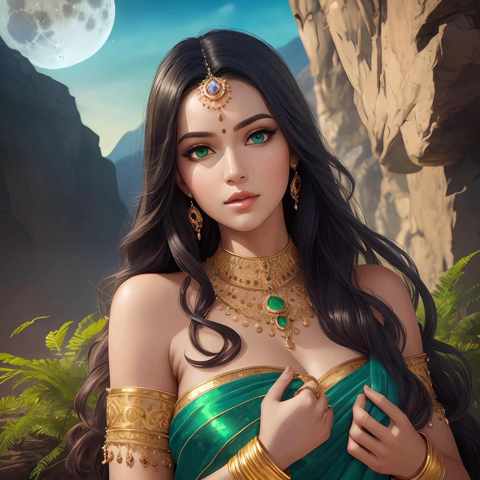 arafed woman with long curly black hair, detailed beautiful face, photorealistic beautiful face, realistic beautiful face, realistic beautiful face, detailed beautiful face, beautiful and realistic faces, hyperrealistic beautiful face, detailed sensual face, beautiful and realistic face, realistic female faces, detailed realistic face, very detailed beautiful face, detailed realistic faces, detailed beautiful face(Masterpiece), high quality, intricate (high detail: 1.1) (perfect face: 1.3), ((huge lips:1.3)), (emerald green eyes), iridescent eyes, (beautiful detailed eyes:1.05), (cinematic light:1.1) glitter, art by Stanley Lau and Artgerm, perfect body, (((full body))) (((full body view))) adult, female, (cowboy shot: 1.2), looking at the viewer, cinematic lighting, outdoors, gigantic mountains, night, shadows, blue moon, lush vegetation, sari, highly detailed, gold, transparent, jewelry on body, realism, 8k, hd, masterpiece, anatomically correct, high details, textured skin, perfect fingers, Seaart --v 6