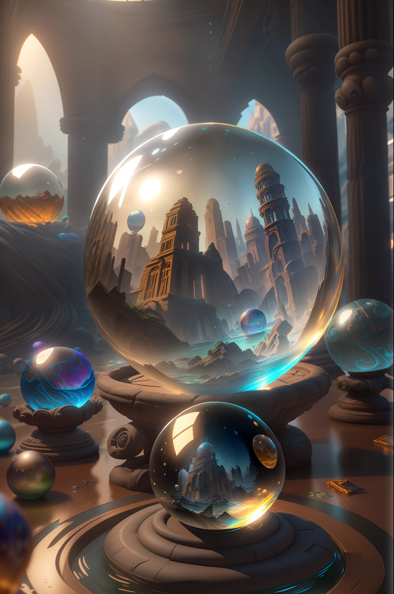 orb, crystal ball, (8k, RAW photo, best quality, masterpiece:1.2), (realistic, photo-realistic:1.37), octane render, ultra high res, ultra-detailed , professional lighting, photon mapping, radiosity, physically-based rendering, ue5, ((island sanctuary)), ((ancient fallen kingdom)), ((reflections in water)), ((raytracing)), ((drowned city))