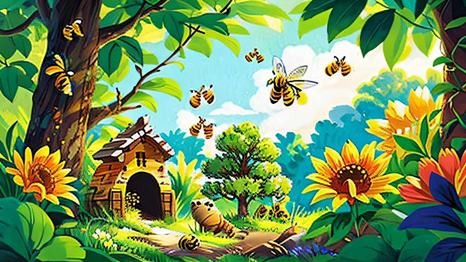 (masterpiece), (best quality:1.4), absurdities, [:d intricate etailles:0.2], bees in trees with bee nests, soil, outdoors.