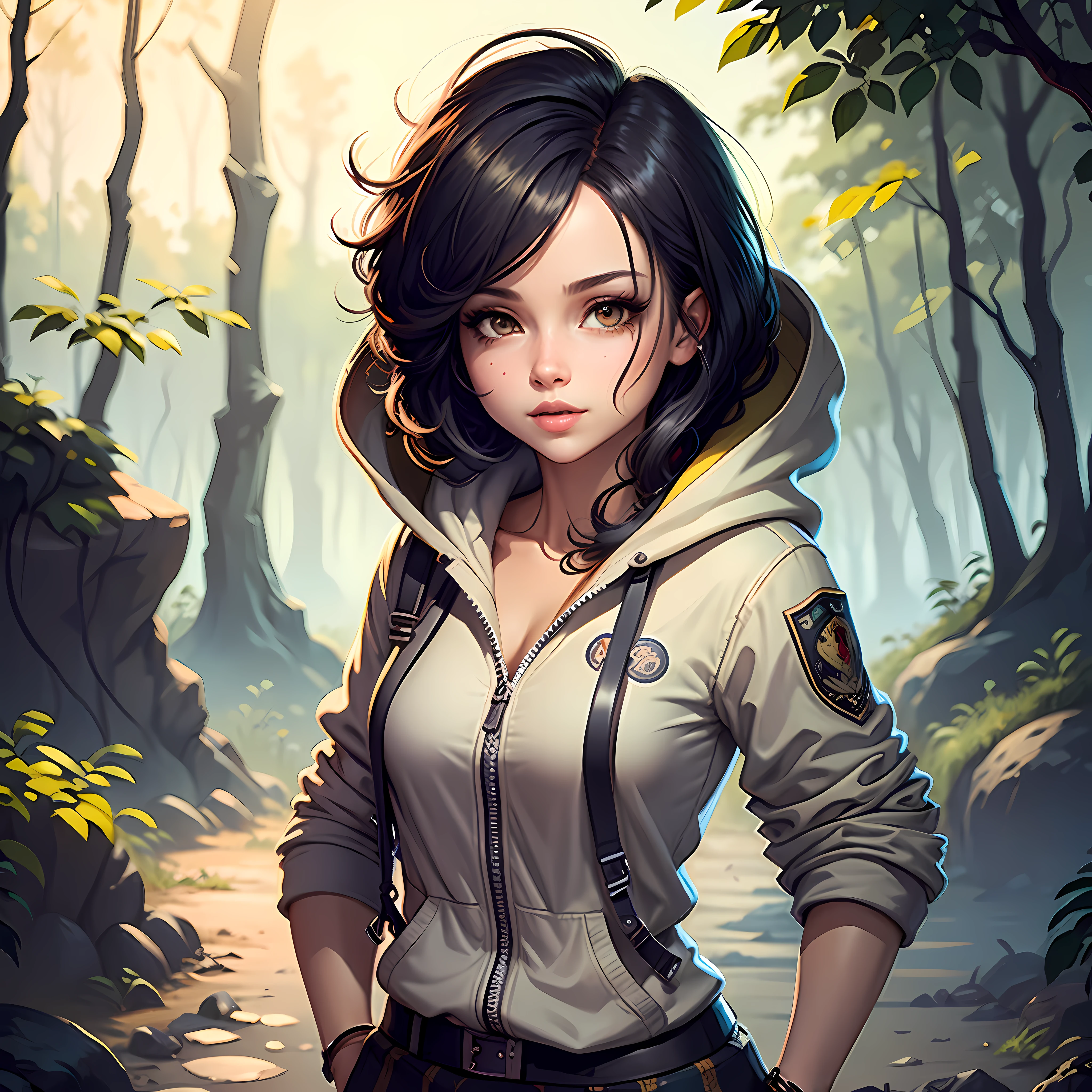 adult woman, freckles, red eyes, black hair,, (skirt lift:1.2), cameltoe, character focus portrait, solo, upper body, looking at viewer, detailed background, detailed face, (bohoai, boho theme:1.1), warm smile, druid, wearing natural colored green clothes, hood, leather, druid staff, feathers, healing magic, runes, nature magic, floating particles, roots, rocks, bushes, bloom, forest canopy in background, natural atmosphere, earth tones,, glasstech, glass,