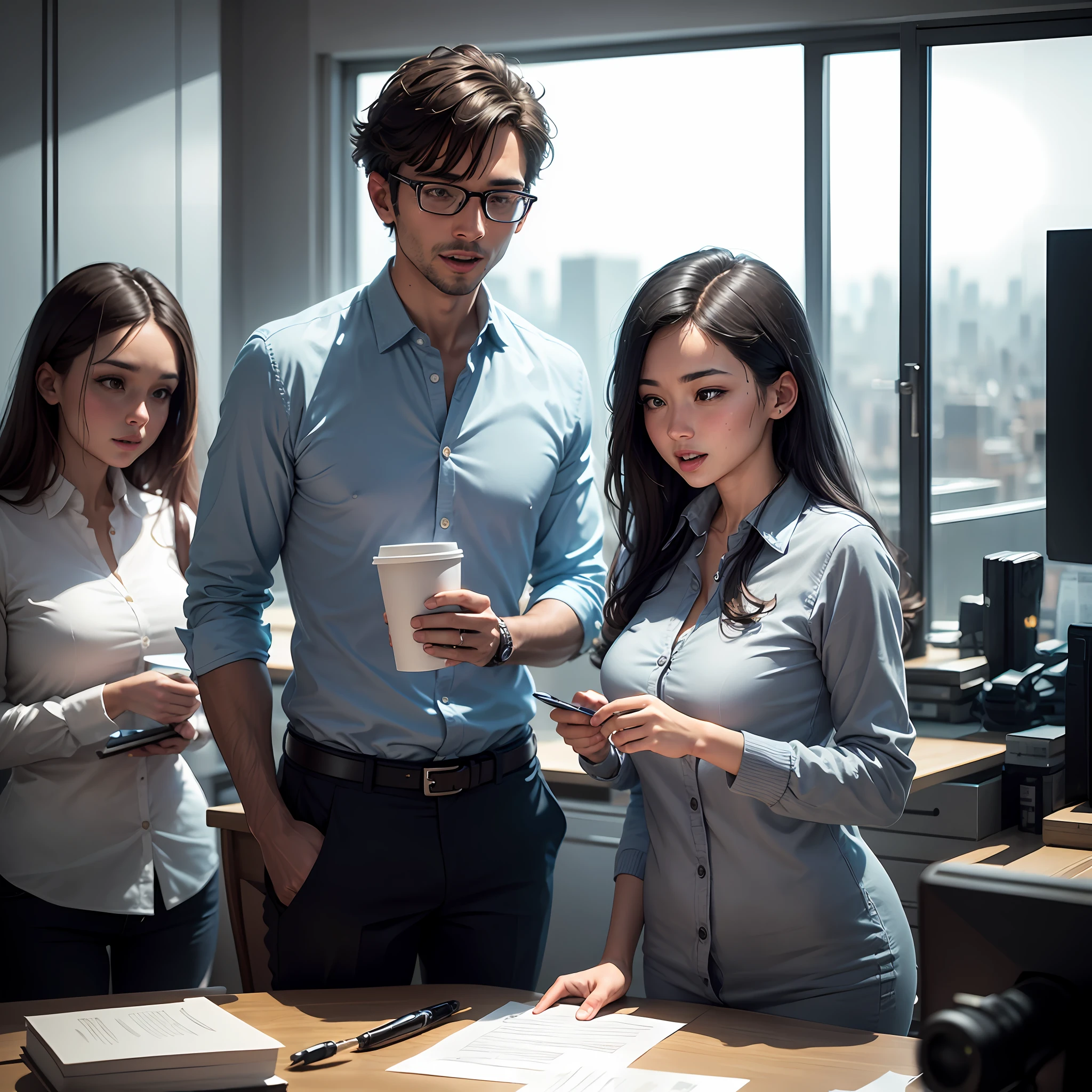 Imagine a modern and cozy office scene. The furniture is elegant, an organized work table and comfortable chairs fill the room. Through a glass wall, we see an awe-inspiring view of the city outside. In the office, people of different ethnicities, ages and genders are dedicating themselves to their daily tasks. They are dressed professionally, conveying confidence and success. Some are involved in team meetings, discussing ideas and sharing knowledge. Others are collaborating on projects, working on their laptops, or answering important phone calls. Their facial expressions reflect concentration, joy, and enthusiasm. The environment is filled with the energy and creativity that permeate the business world. In the office, we find elements such as colorful post-its, a whiteboard full of ideas and a mug of coffee that recalls the pause to recharge the energies. The colors are sober and professional, with shades of blue and gray predominant. The lighting is carefully planned, highlighting the faces and the main elements of the scene. The composition is balanced, following the rules of photographic composition to create an attractive and visually pleasing image. This image depicts the dynamic and exciting world of business, capturing the diversity, collaboration, and professional success that permeate this environment. --auto