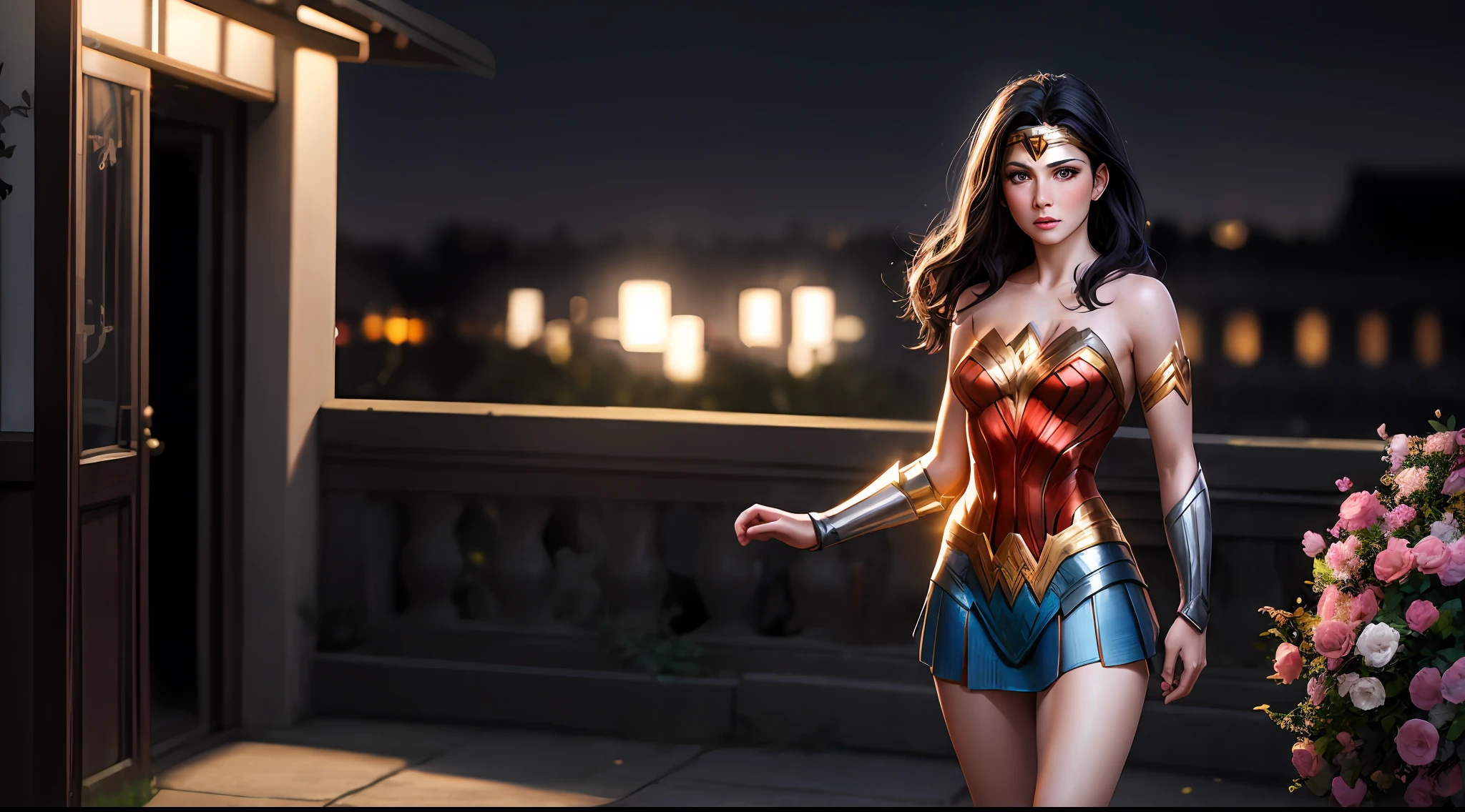Wonder Woman, realistic, bright eyes, short top, skirt, half-open lips, blush, night, flowers, solarpunk.