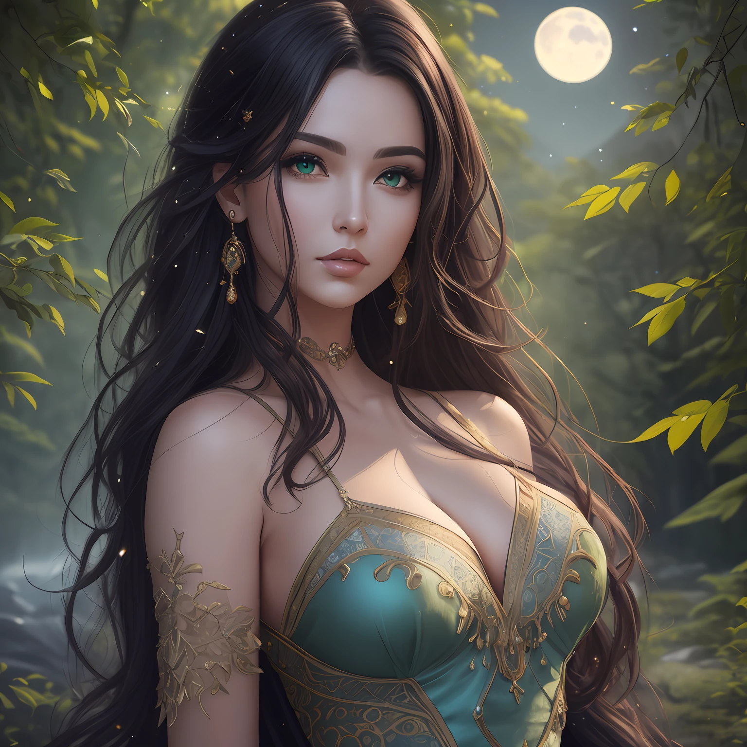 woman with long curly black hair (((voluminous and sensual lip))) detailed beautiful face, photorealistic beautiful face, realistic beautiful face, realistic beautiful face, detailed beautiful face, beautiful and realistic face, hyperrealistic beautiful face, detailed sensual face, beautiful and realistic face, realistic female faces, detailed realistic face, very detailed beautiful face, detailed realistic faces, detailed beautiful face(Masterpiece), high quality, intricate (high detail: 1.1) (perfect face: 1.1) green eyes, bright eyes, (beautiful detailed eyes:1.05), (cinematic light:1.1) glitter, art by stanley lau and artgerm, perfect body, (((full body))) (((full body vision))) adult, female, cowboy shot, looking at the viewer, cinematic lighting, she is outdoors, mountains, waterfalls of luminescent waters, (luminescent splash) exotic trees, (fantasy forest) leaves, moon, night, dark forest, fantasy, mist: 1.1, highres, Seaart --v 6