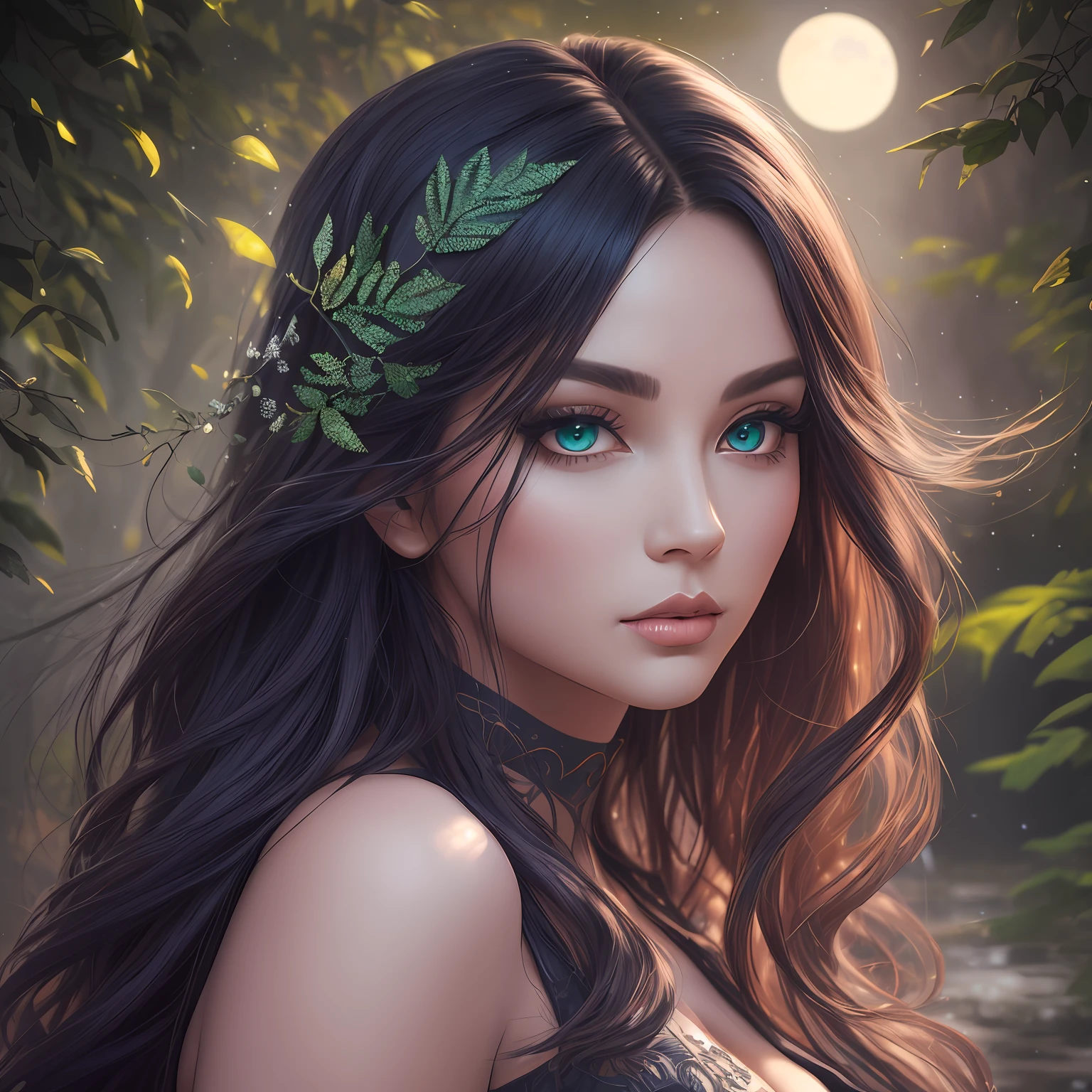 woman with long curly black hair (((voluminous and sensual lip))) detailed beautiful face, photorealistic beautiful face, realistic beautiful face, realistic beautiful face, detailed beautiful face, beautiful and realistic face, hyperrealistic beautiful face, detailed sensual face, beautiful and realistic face, realistic female faces, detailed realistic face, very detailed beautiful face, detailed realistic faces, detailed beautiful face(Masterpiece), high quality, intricate (high detail: 1.1) (perfect face: 1.1) green eyes, bright eyes, (beautiful detailed eyes:1.05), (cinematic light:1.1) glitter, art by stanley lau and artgerm, perfect body, (((full body))) (((full body vision))) adult, female, cowboy shot, looking at the viewer, cinematic lighting, she is outdoors, mountains, waterfalls of luminescent waters, (luminescent splash) exotic trees, (fantasy forest) leaves, moon, night, dark forest, fantasy, mist: 1.1, highres, Seaart --v 6