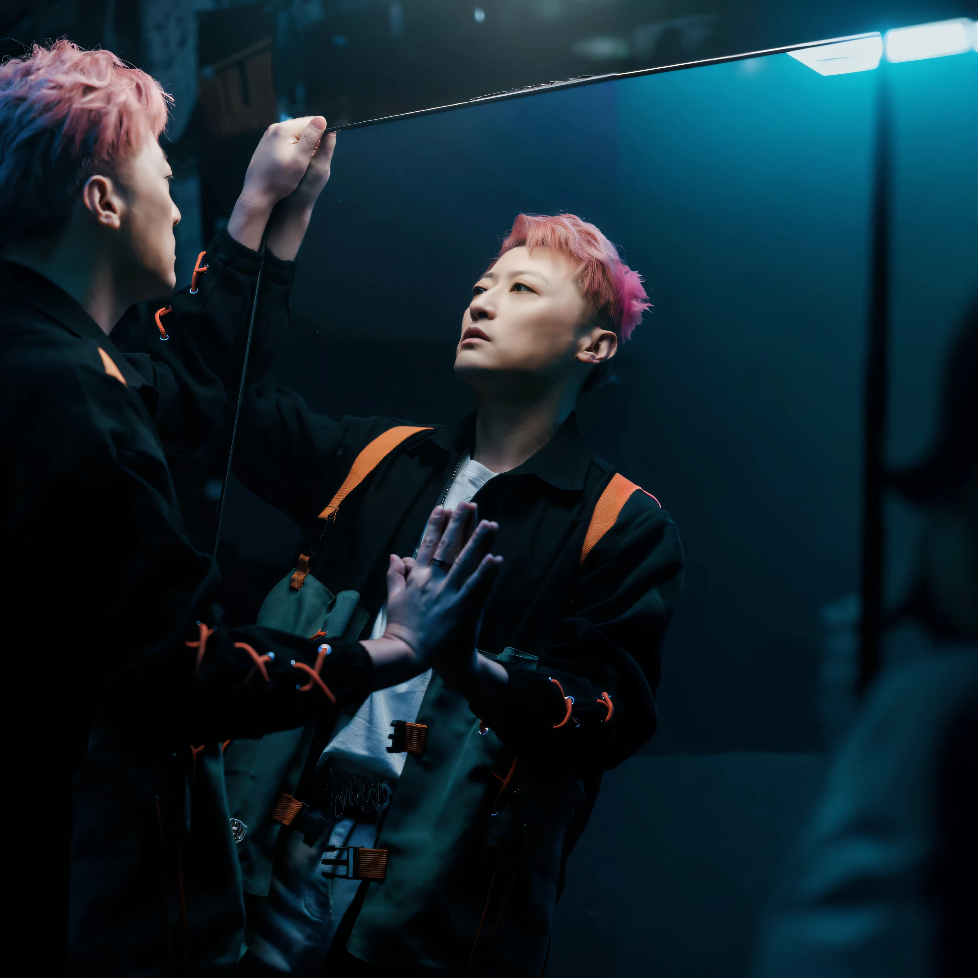 there is a man with pink hair standing in front of a mirror, cai xukun, key still, akehiko inoue and ross tran, beeple and james jean, daoshi, photoshoot, ross tran and bayard wu, hyung tae, jin shan and ross tran, still from a music video, & jeehyung lee & wlop, mark lee